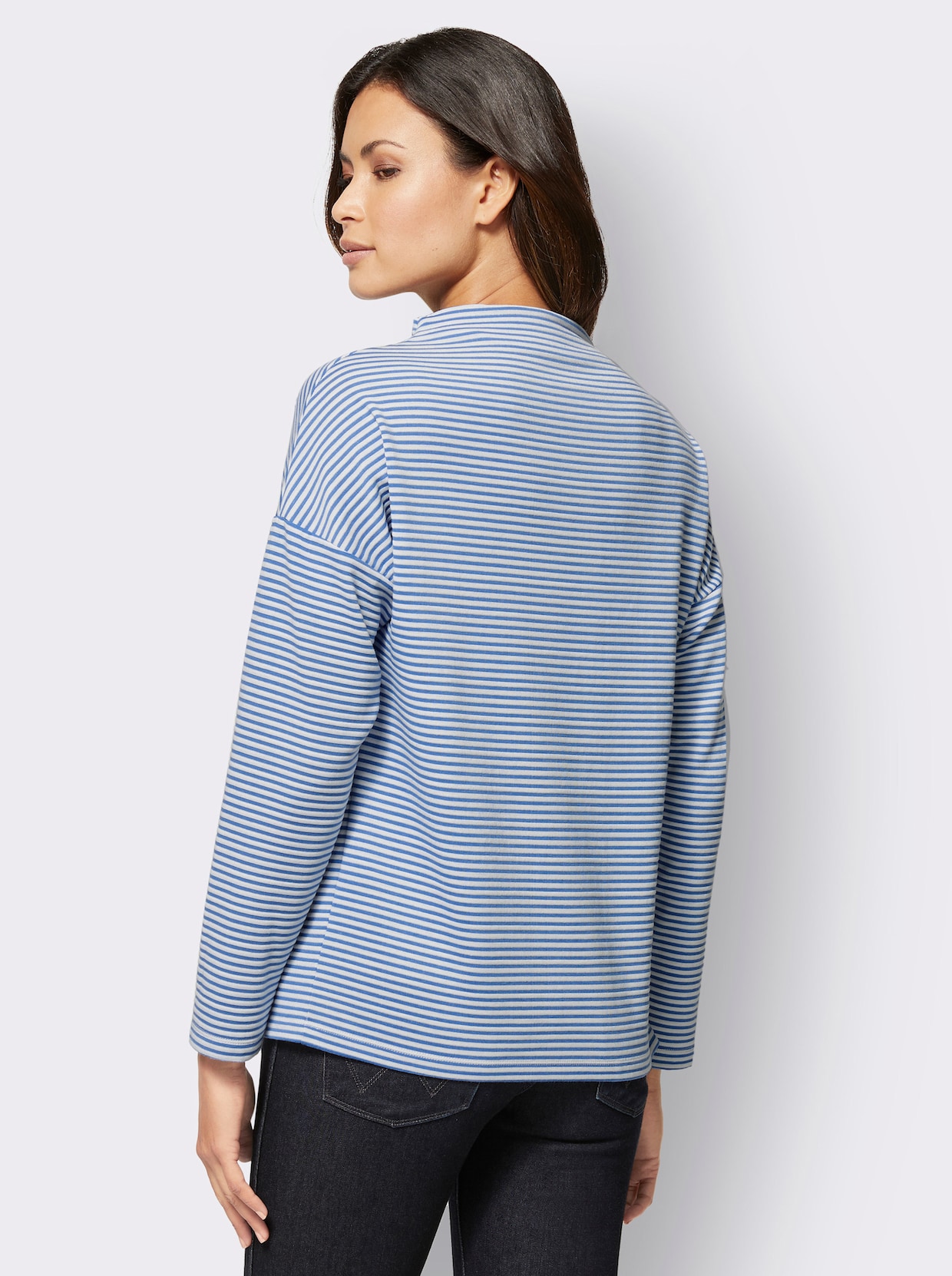 Langarmshirt - ecru-mittelblau-gestreift