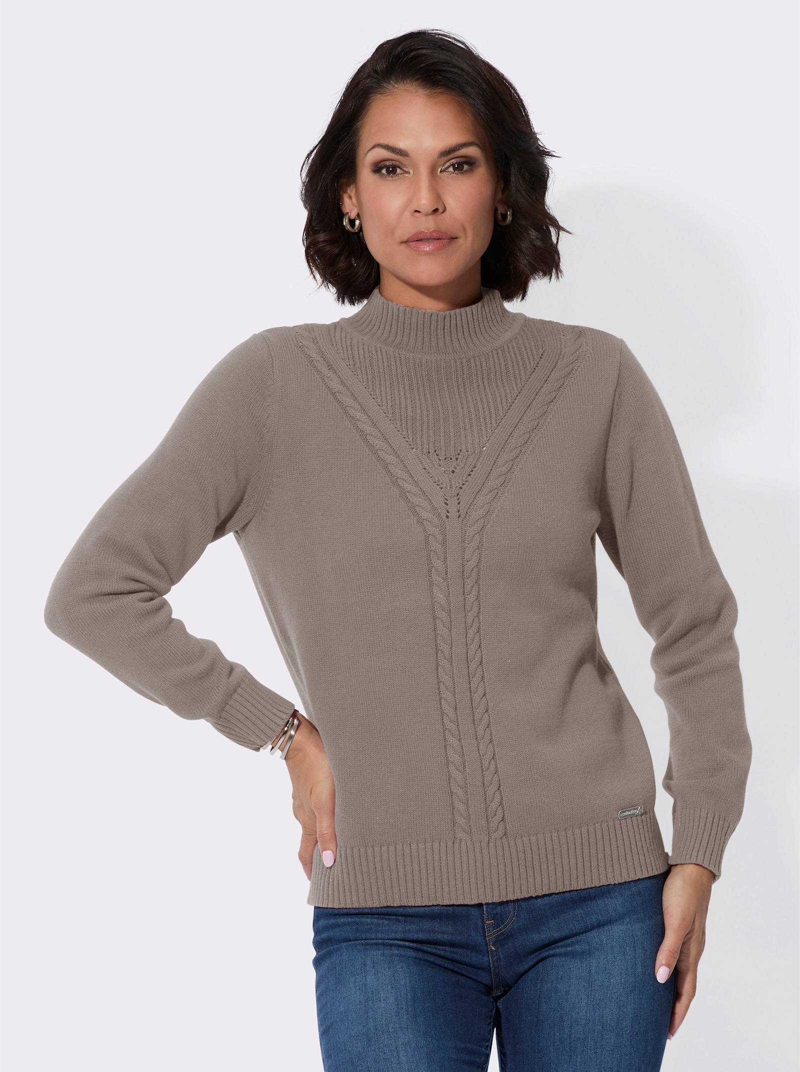Pullover mit Strickmuster im Vorderteil - taupe