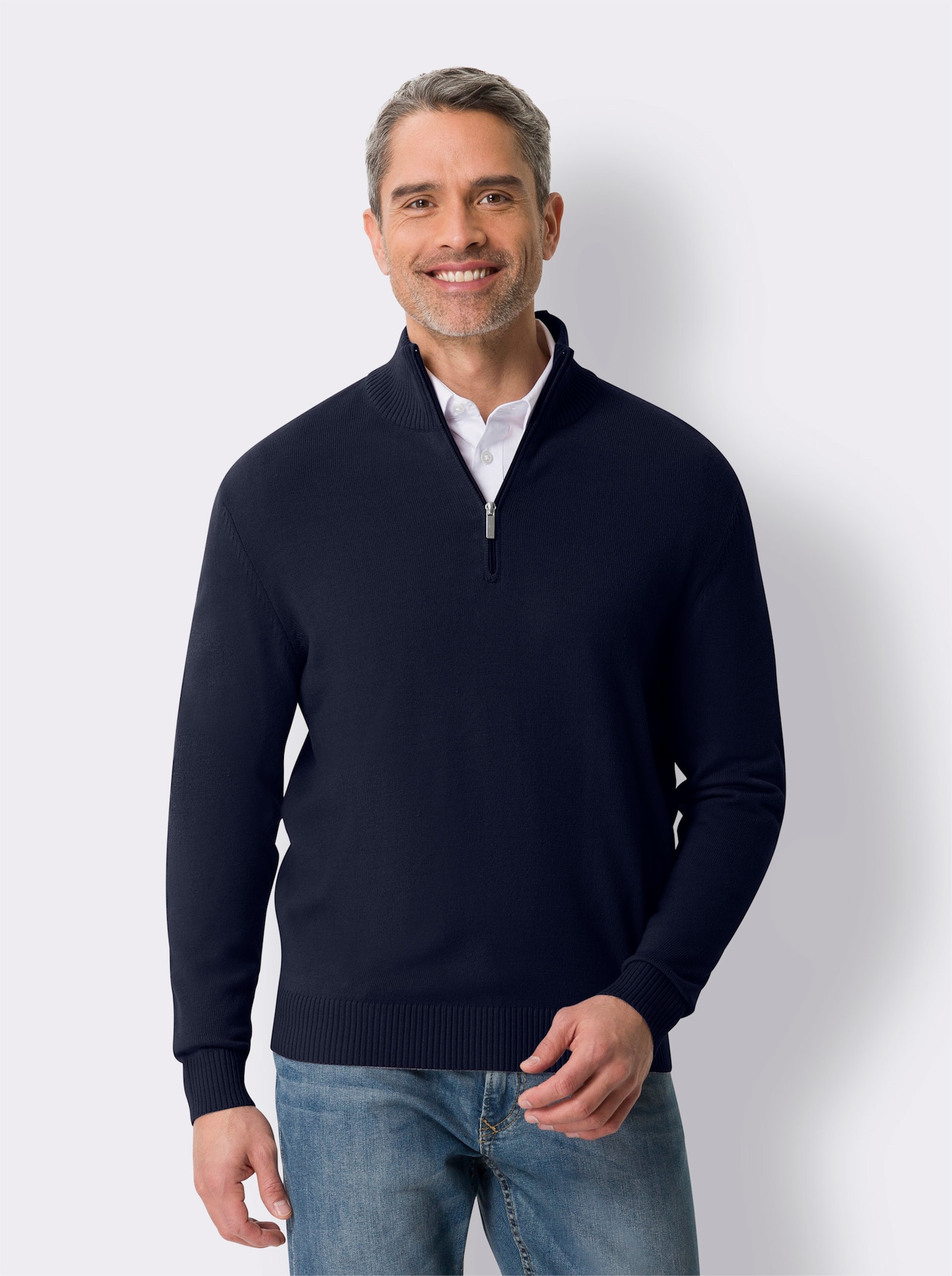 Pletený pulóver, golier troyer - námornícka modrá