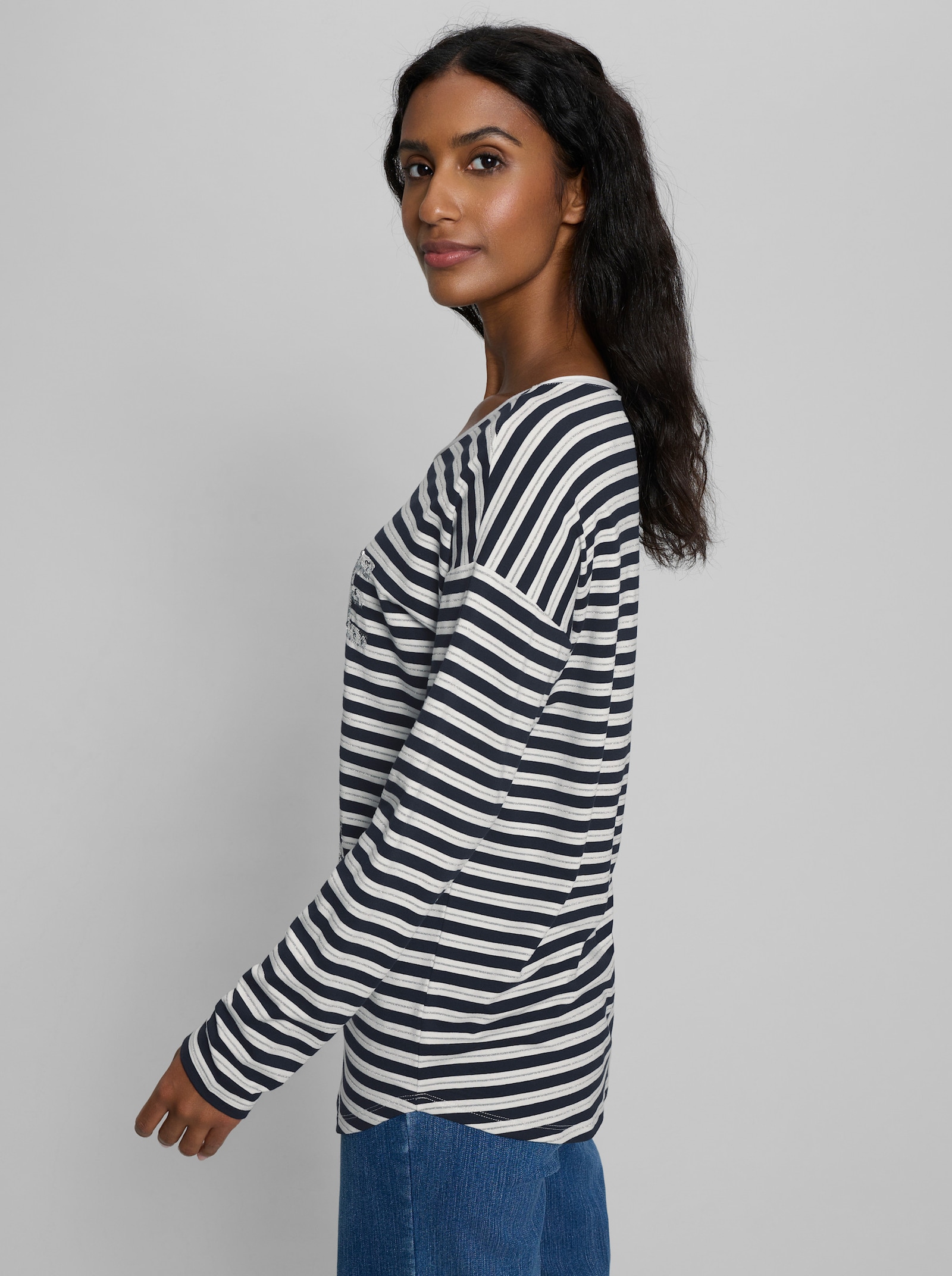 heine Ringelshirt mit Pailletten-Schriftzug - ecru-marine-geringelt