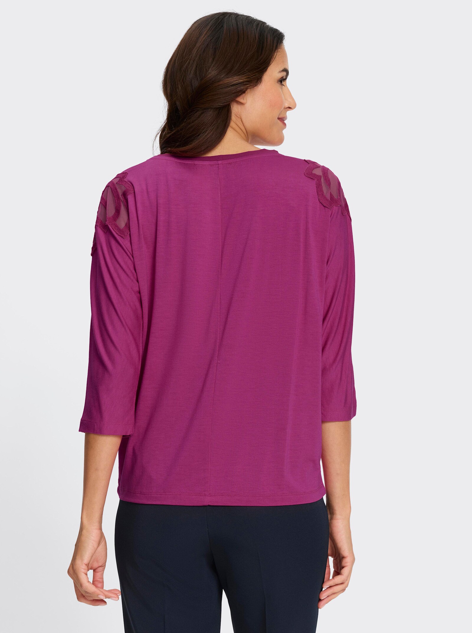 3/4-Arm-Shirt mit Spitzeneinsatz an der Schulter - magenta