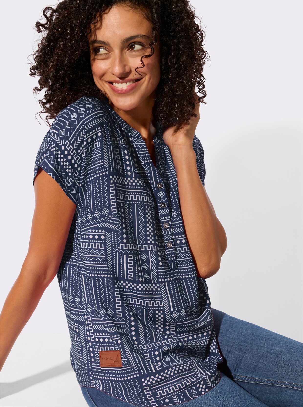 Druckbluse - marine-ecru-gemustert