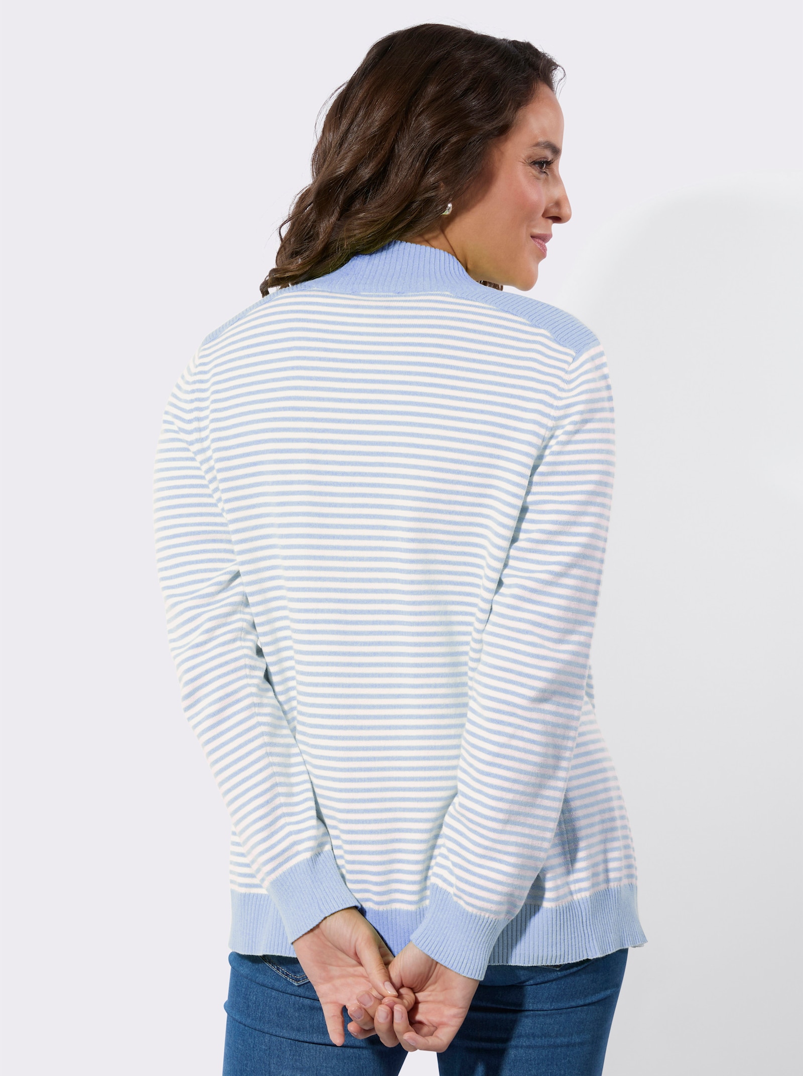 Strickjacke mit gerippten Einsätzen - hellblau-weiß-geringelt