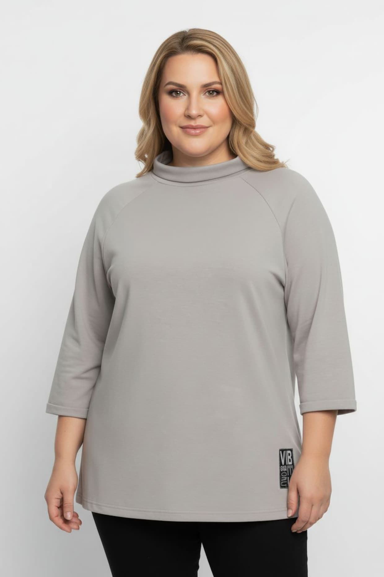 3/4-Arm-Shirt mit halsfernem Rollkragen - hellgrau