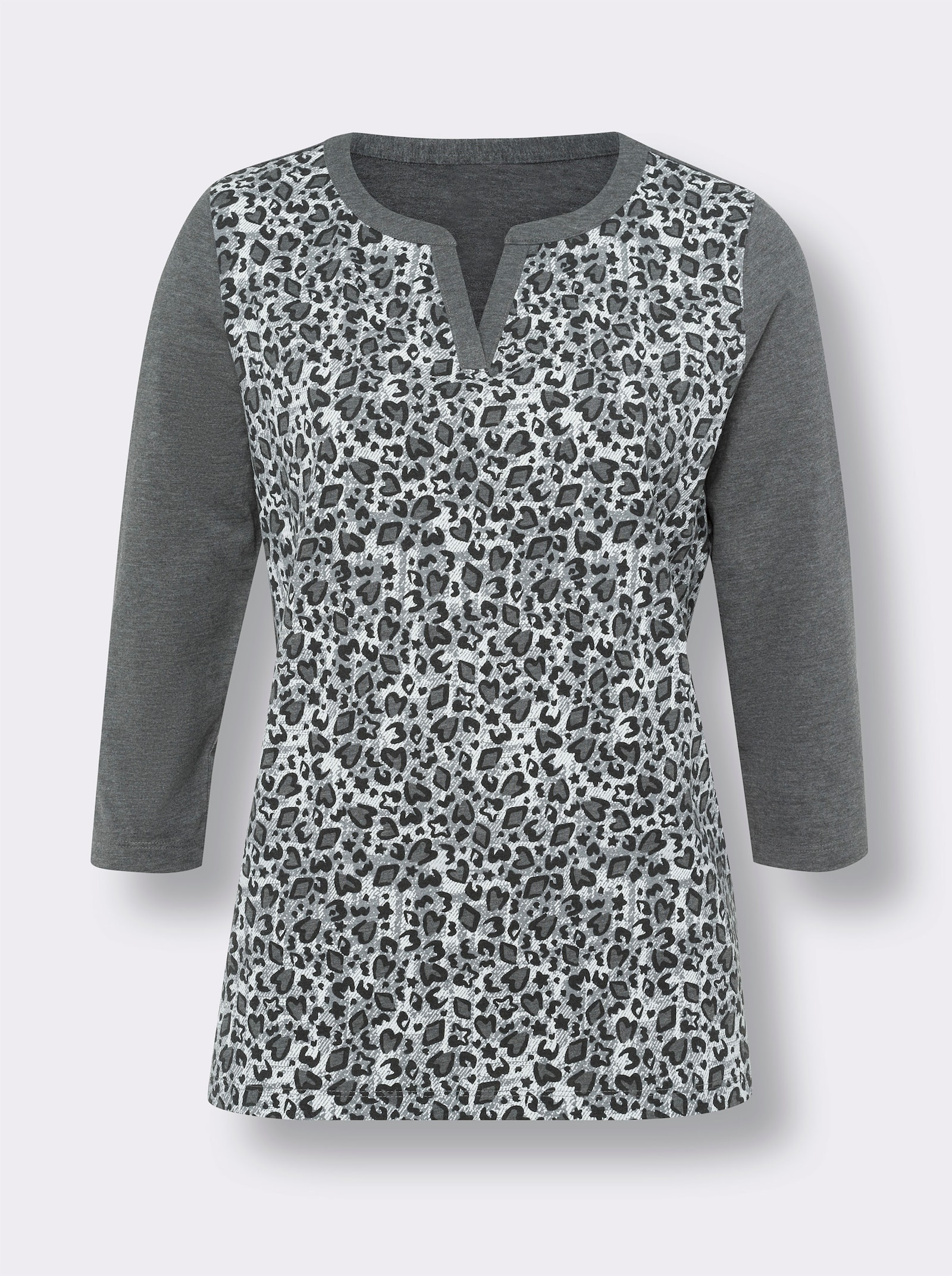 Shirt met 3/4-mouwen en dierenprint - antraciet gemêleerd/zwart bedrukt