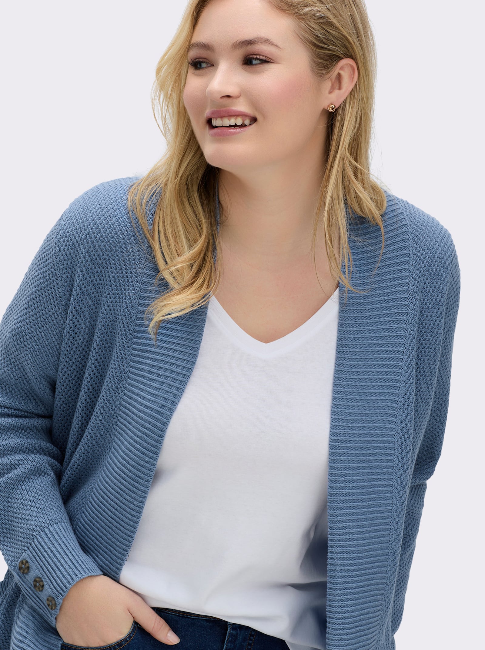 Longstrickjacke mit Struktur-Muster - mittelblau