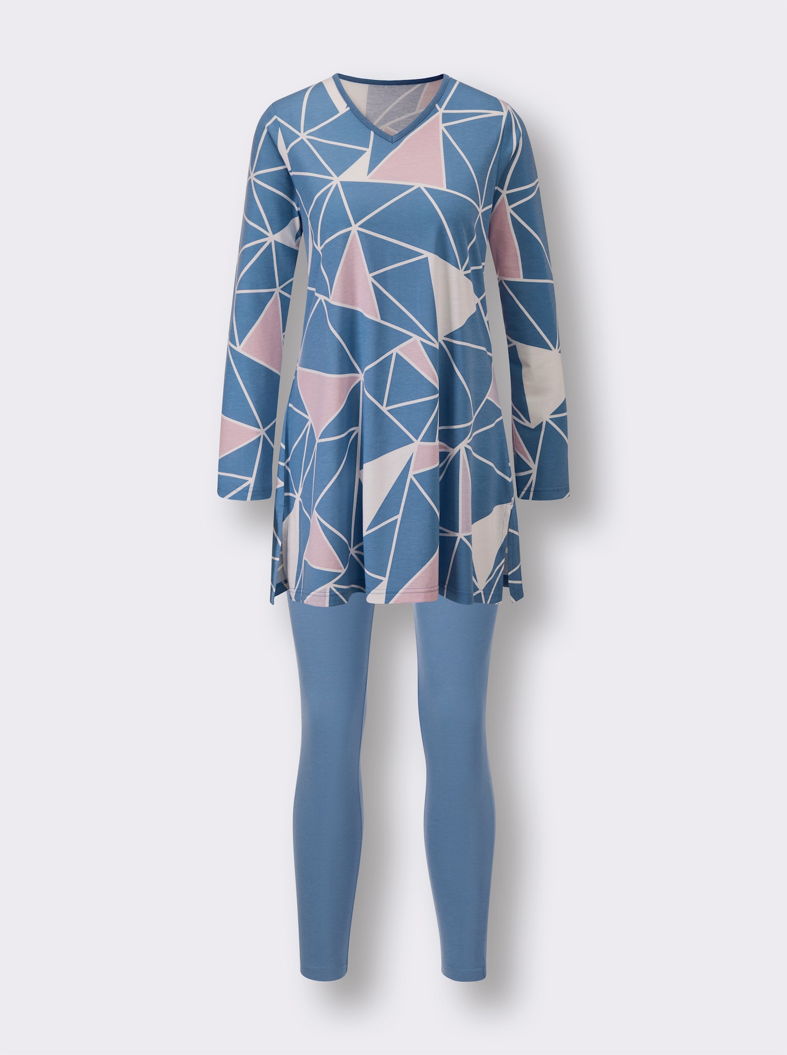 wäschepur Schlafanzug mit Tunika-Oberteil - mittelblau-rosé-bedruckt