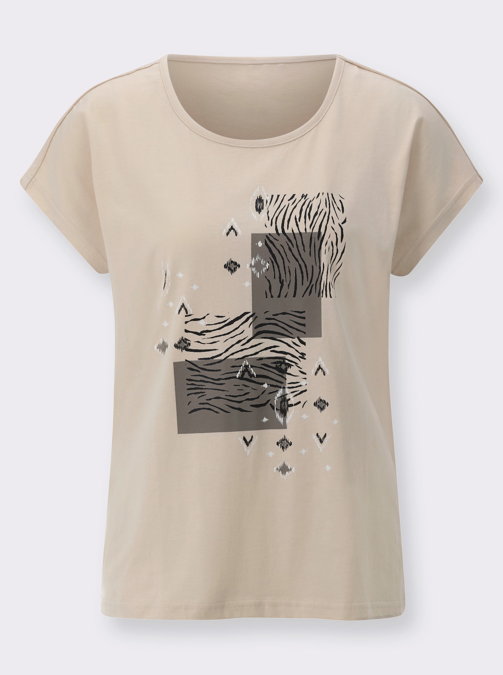 Rundhalsshirt im Ethno-Stil - sand-schwarz-bedruckt