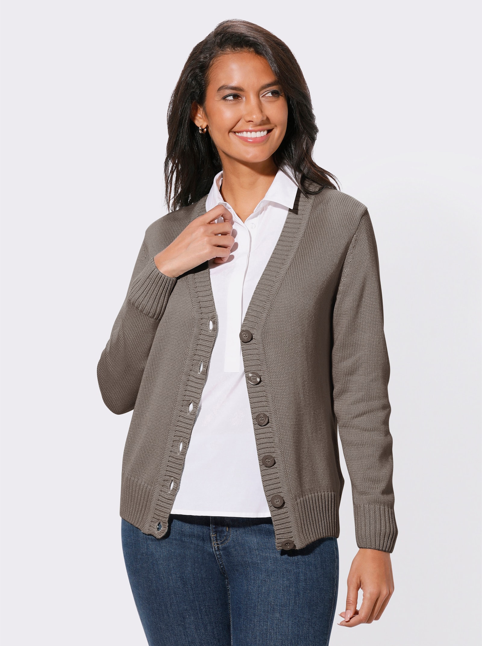Strickjacke mit farblich abgestimmten Knöpfen - taupe-meliert