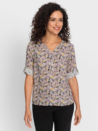 Druckbluse mit Krempelärmeln - hortensie-gelb-bedruckt
