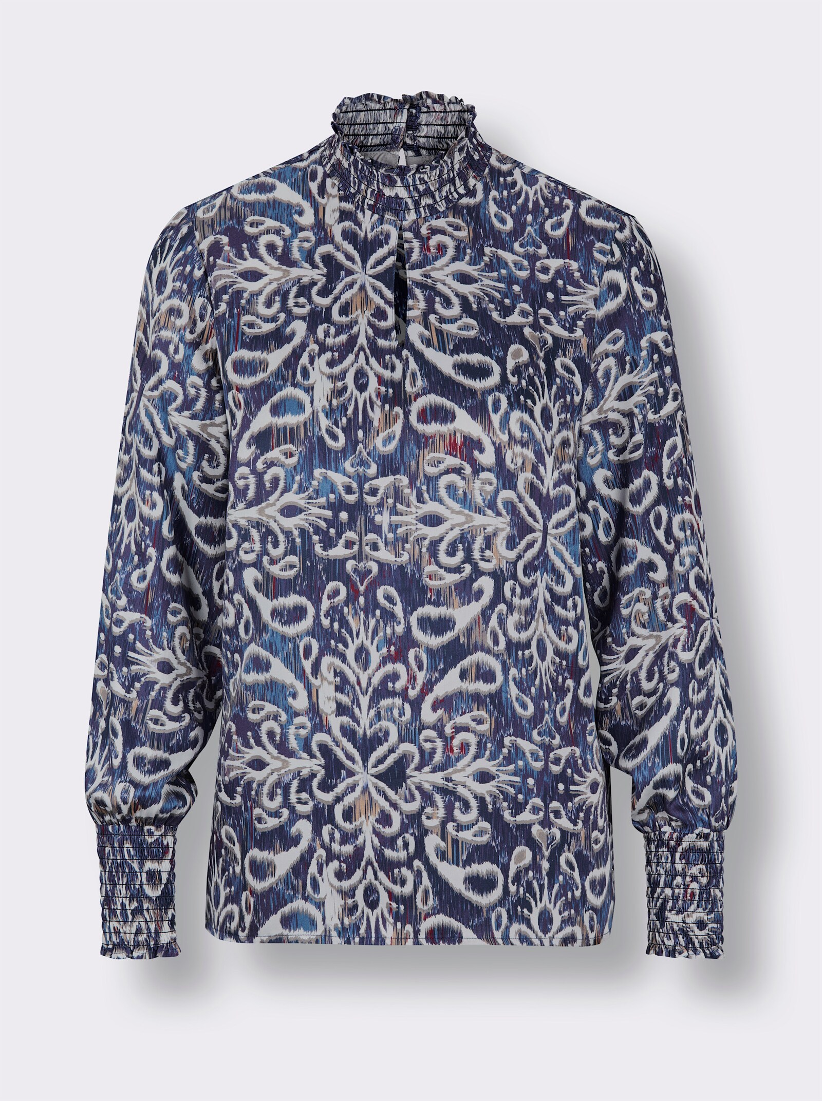 CREATION L PREMIUM Bluse mit Stehkragen mit gesmokten Abschlüssen - ecru-marine-bedruckt