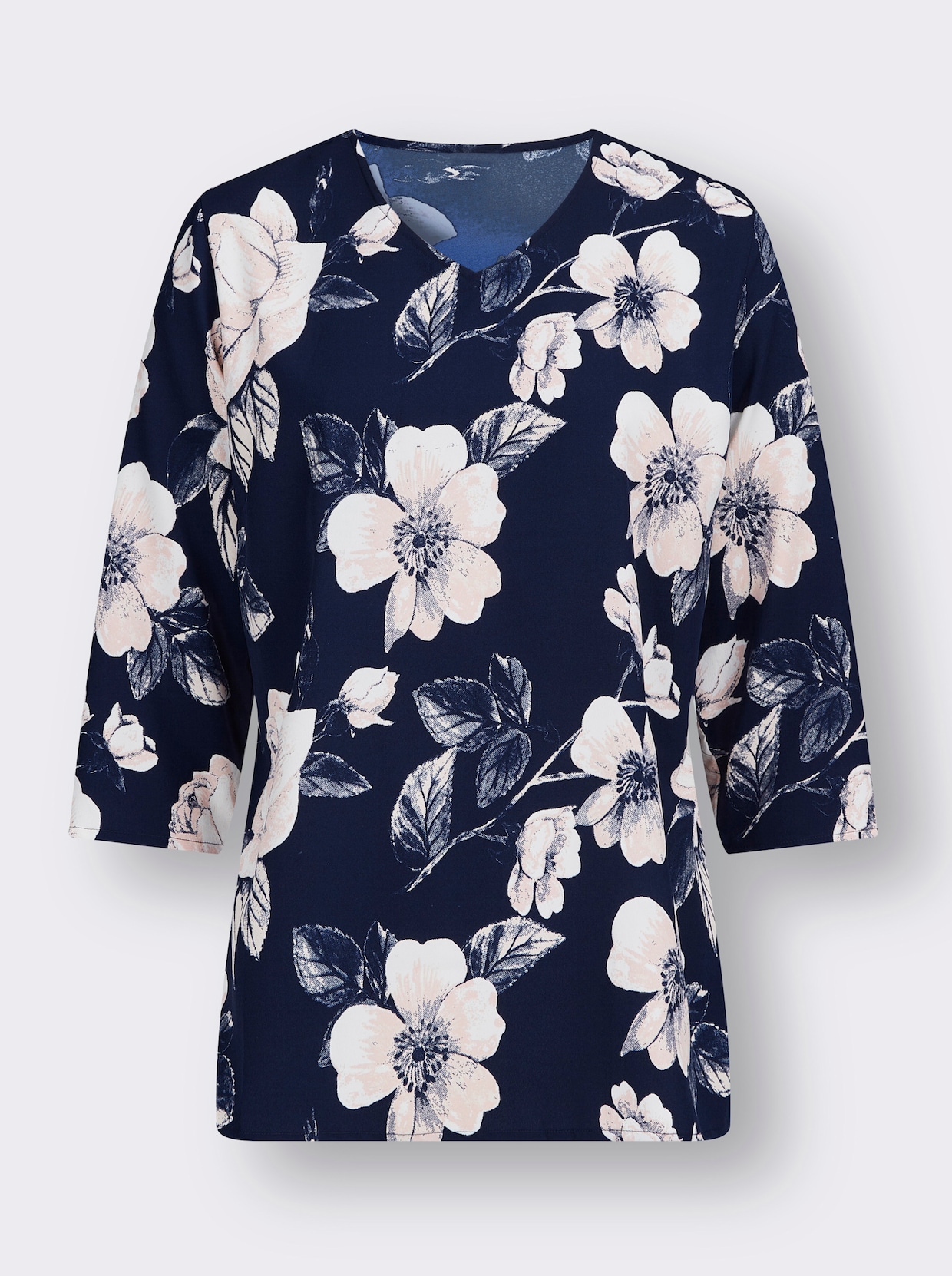 Comfortabele blouse - marine/hortensia bedrukt