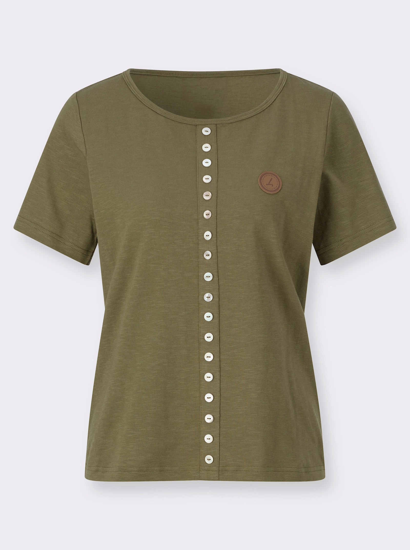 Kurzarmshirt mit Knöpfen in Perlmutt-Optik - oliv