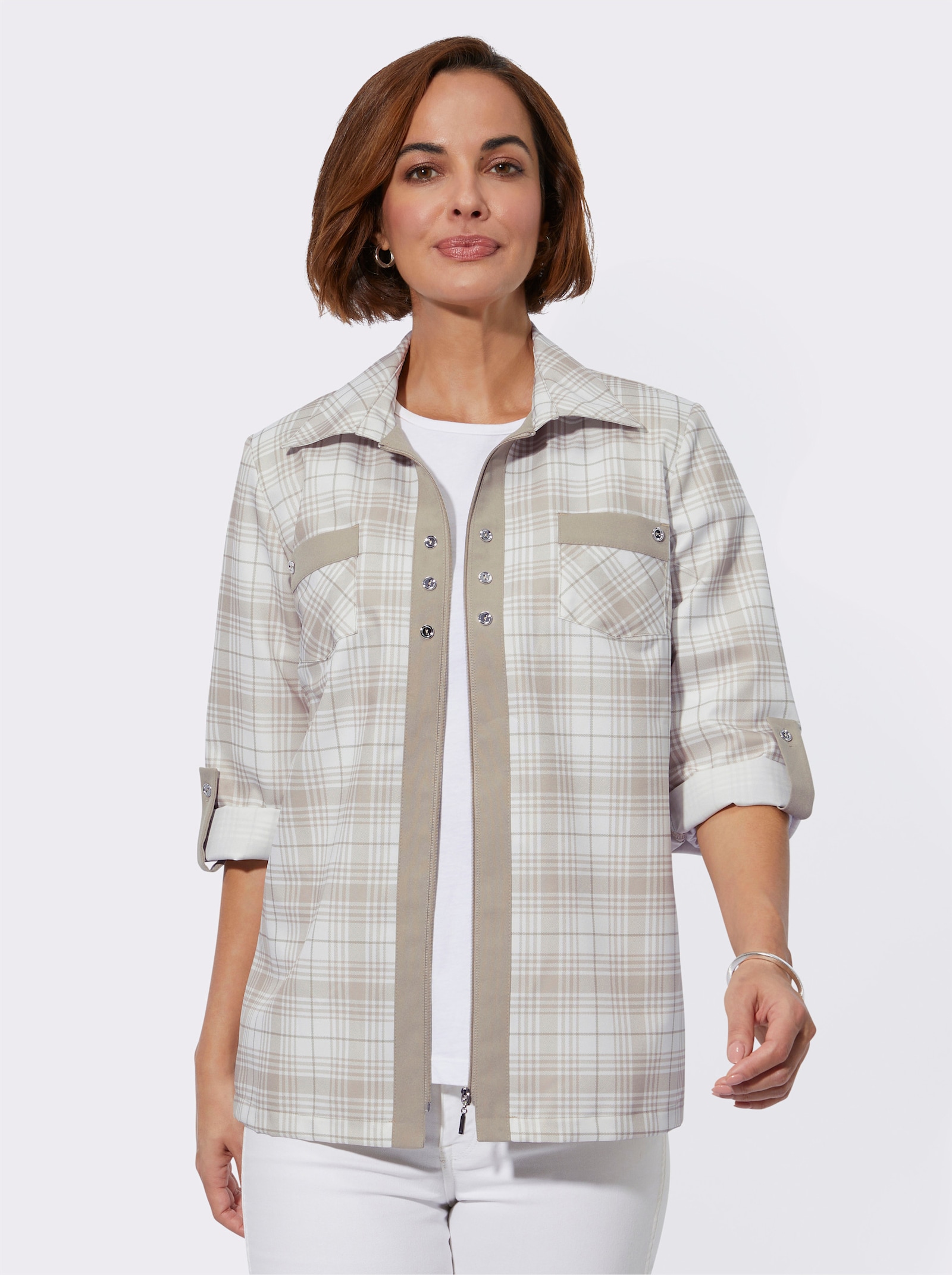 Blusenjacke mit kontrastfarbigen Blenden - beige-schlamm-kariert
