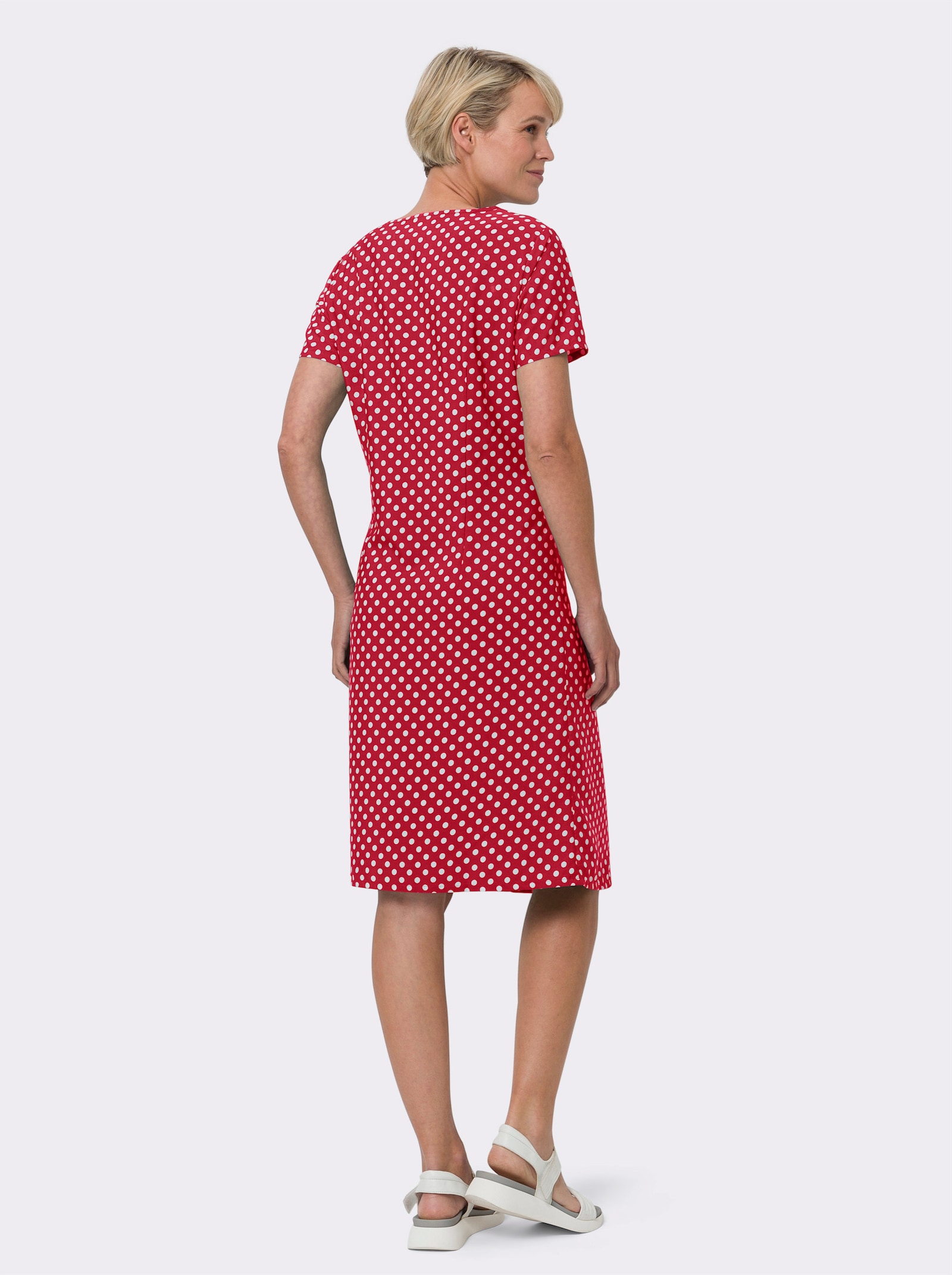 Geweven jurk met uitlopende snit, gestippeld - rood/wit gestippeld