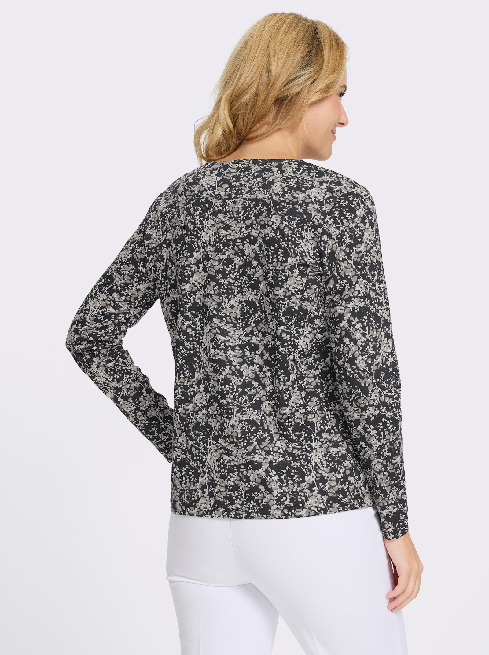 Langarmshirt mit Millefleur-Druck - schwarz-ecru-bedruckt