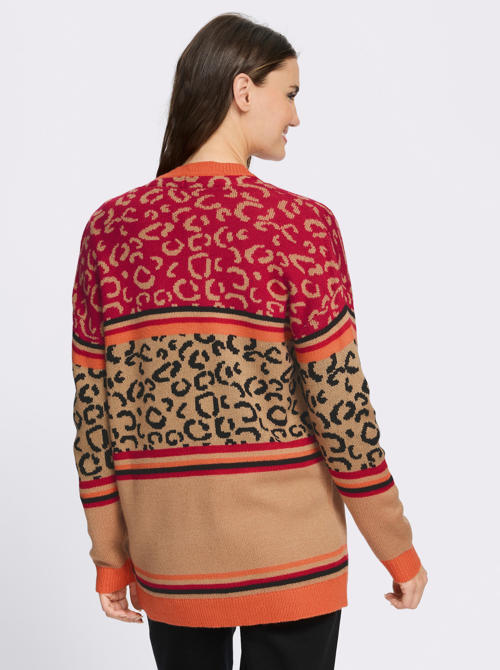 Longstrickjacke mit Leo-Muster und Streifen - camel-orange-gemustert