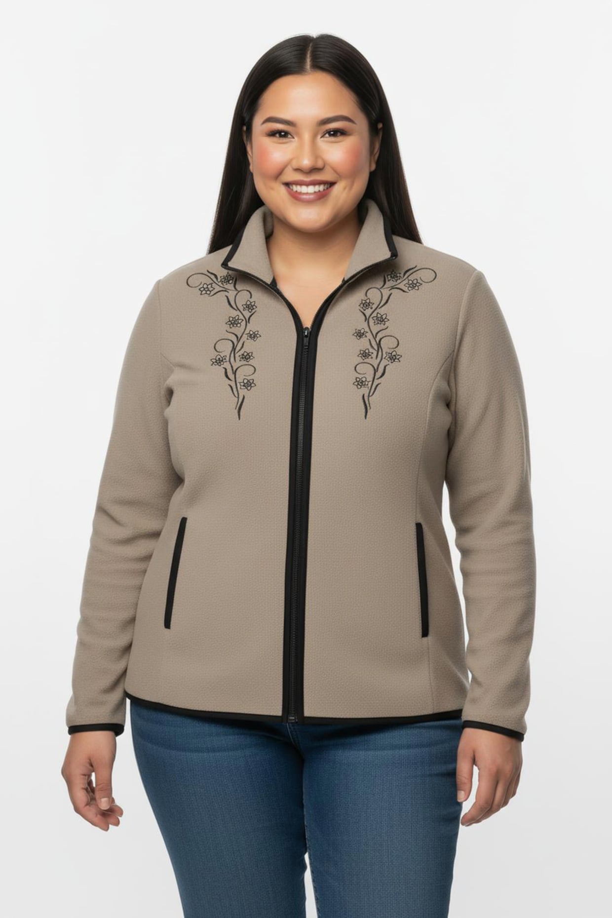 Fleecejacke mit Stickerei - sesam-schwarz