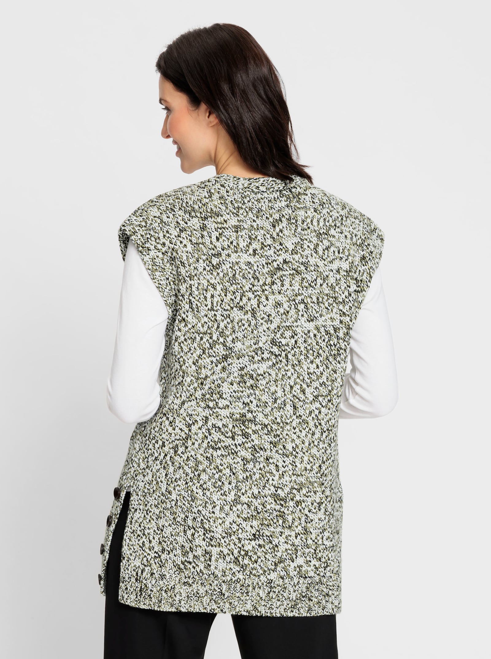 Longweste mit Knöpfen in Holz-Optik - oliv-meliert