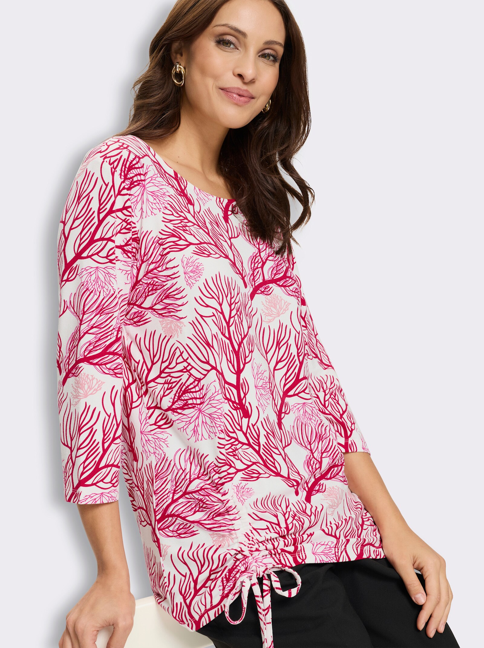 3/4-Arm-Shirt mit Korallenmuster - ecru-rot-bedruckt
