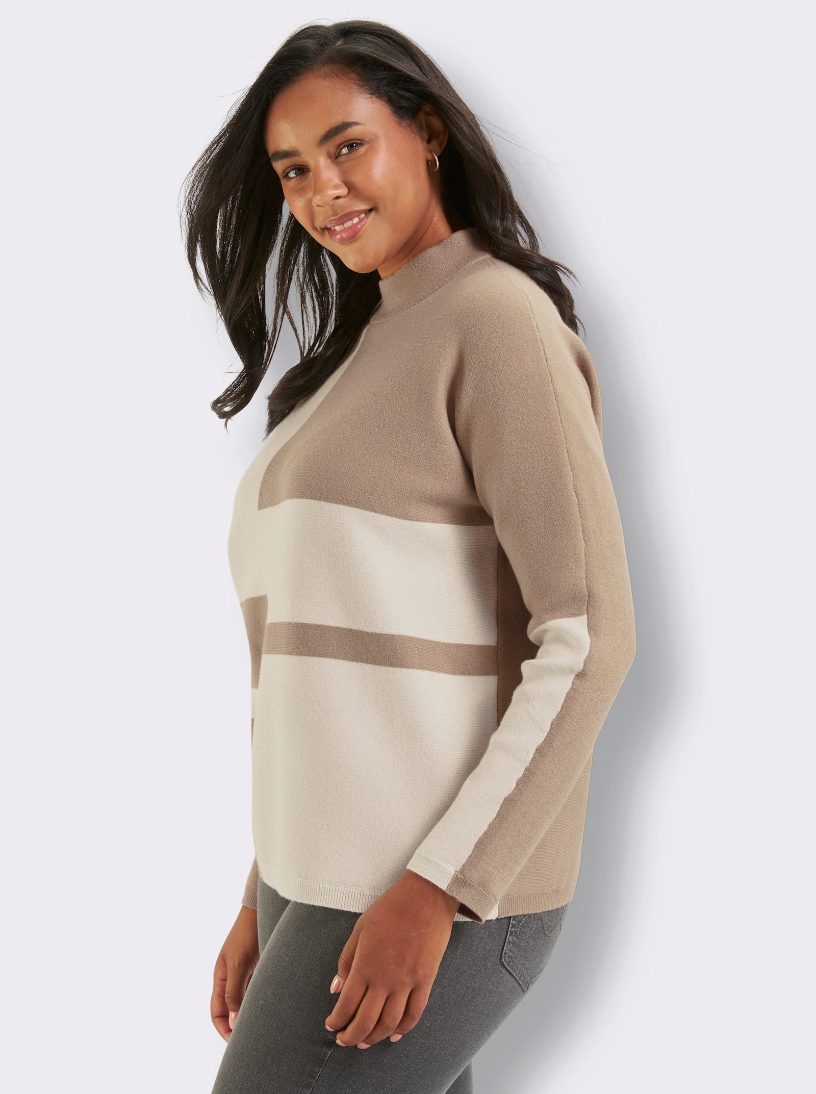 Jacquard-Pullover , Rückenteil einfarbig - beige-ecru-gemustert