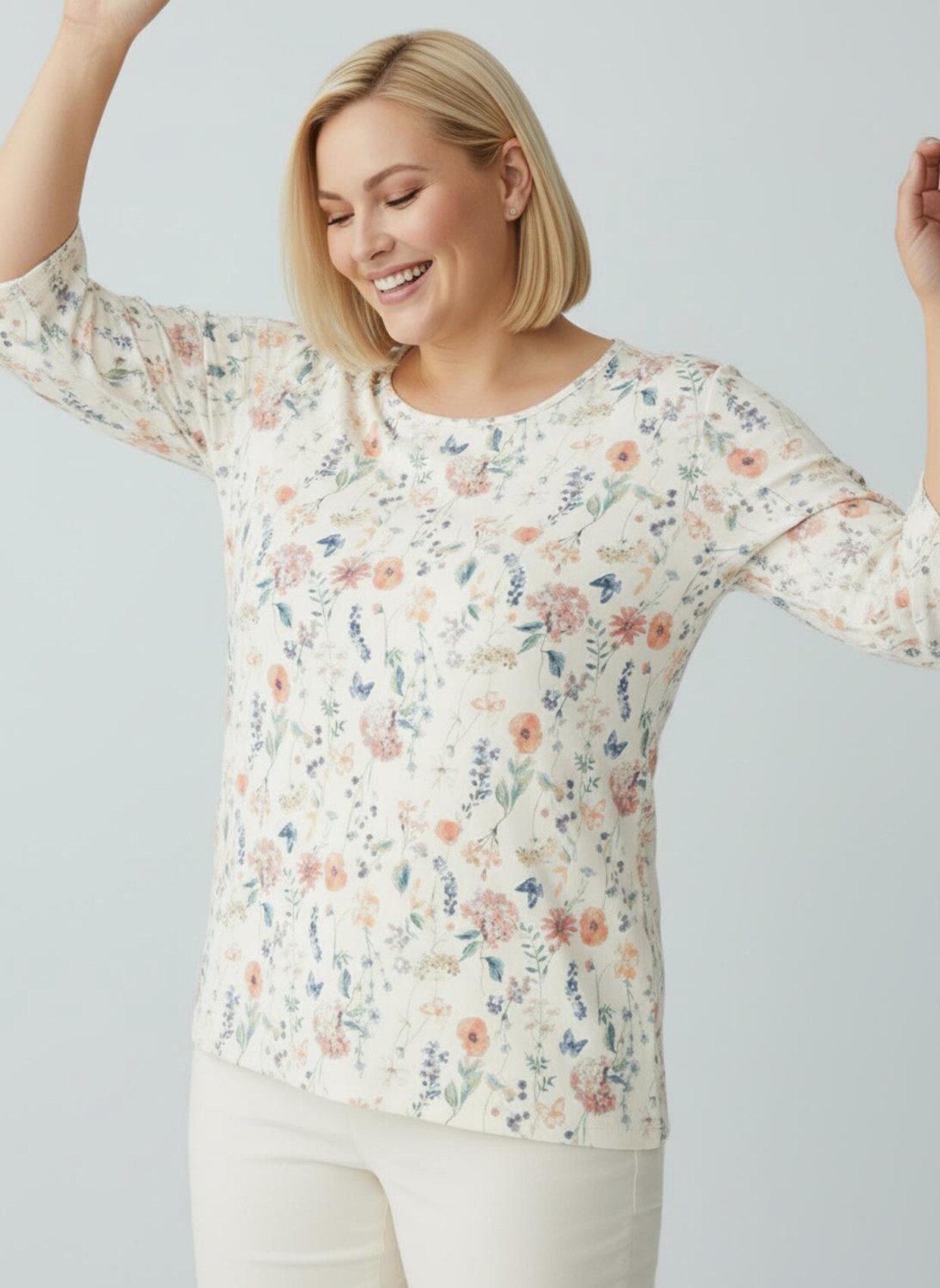 Print-Shirt mit Raffung an den Ärmeln - ecru-flamingo-bedruckt