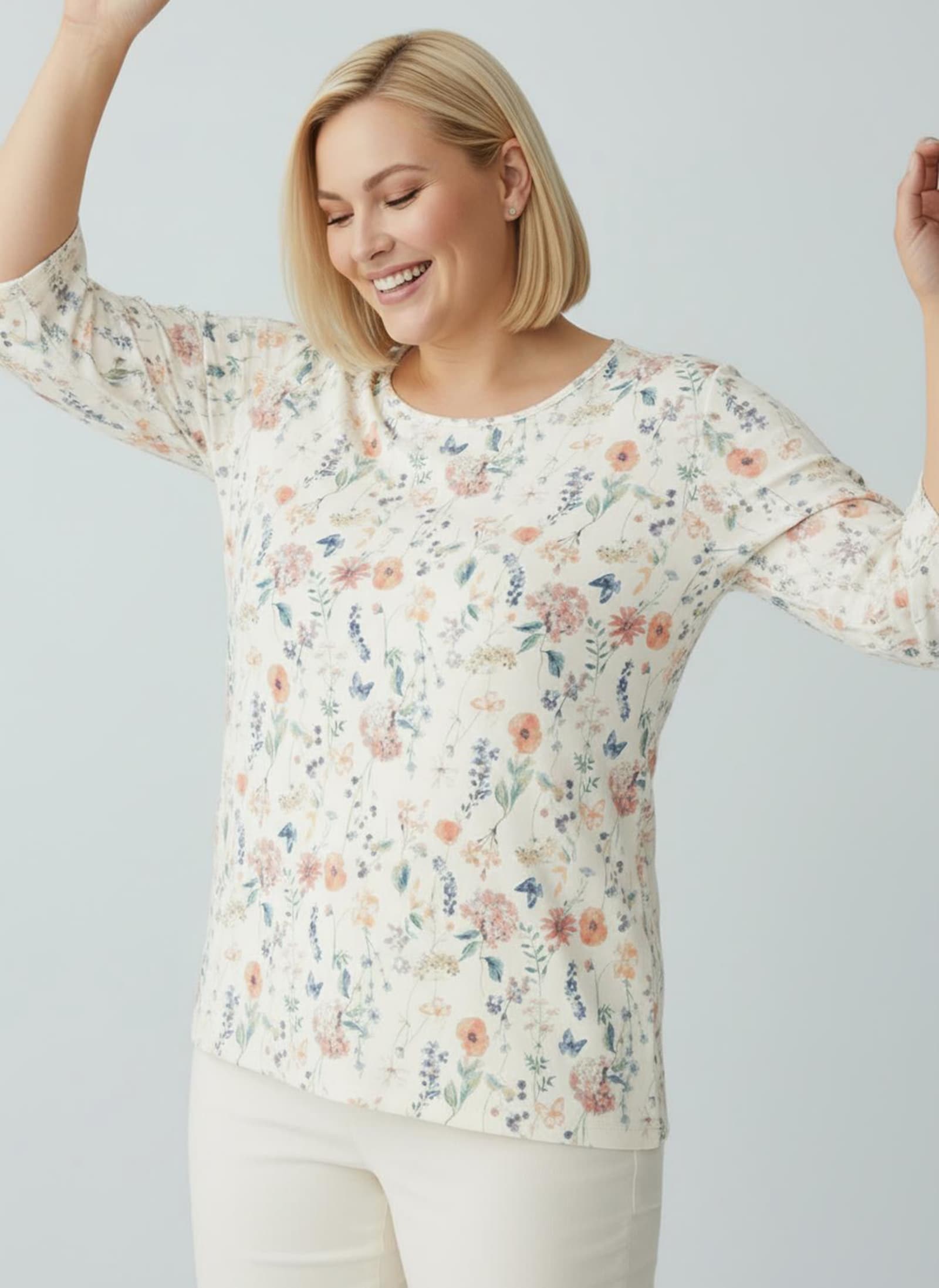 Print-Shirt mit Raffung an den Ärmeln - ecru-flamingo-bedruckt