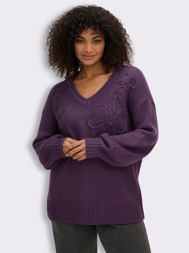 sheego V-Ausschnitt-Pullover mit Blumen-Kordelstickereien - traube