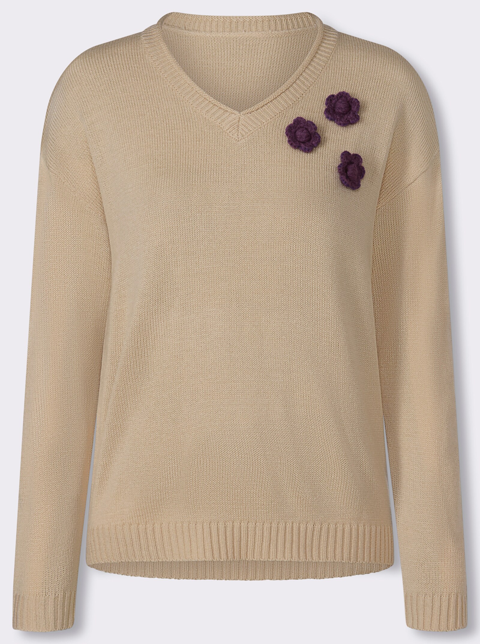 V-Ausschnitt-Pullover mit Blüten-Applikation - sand-traube