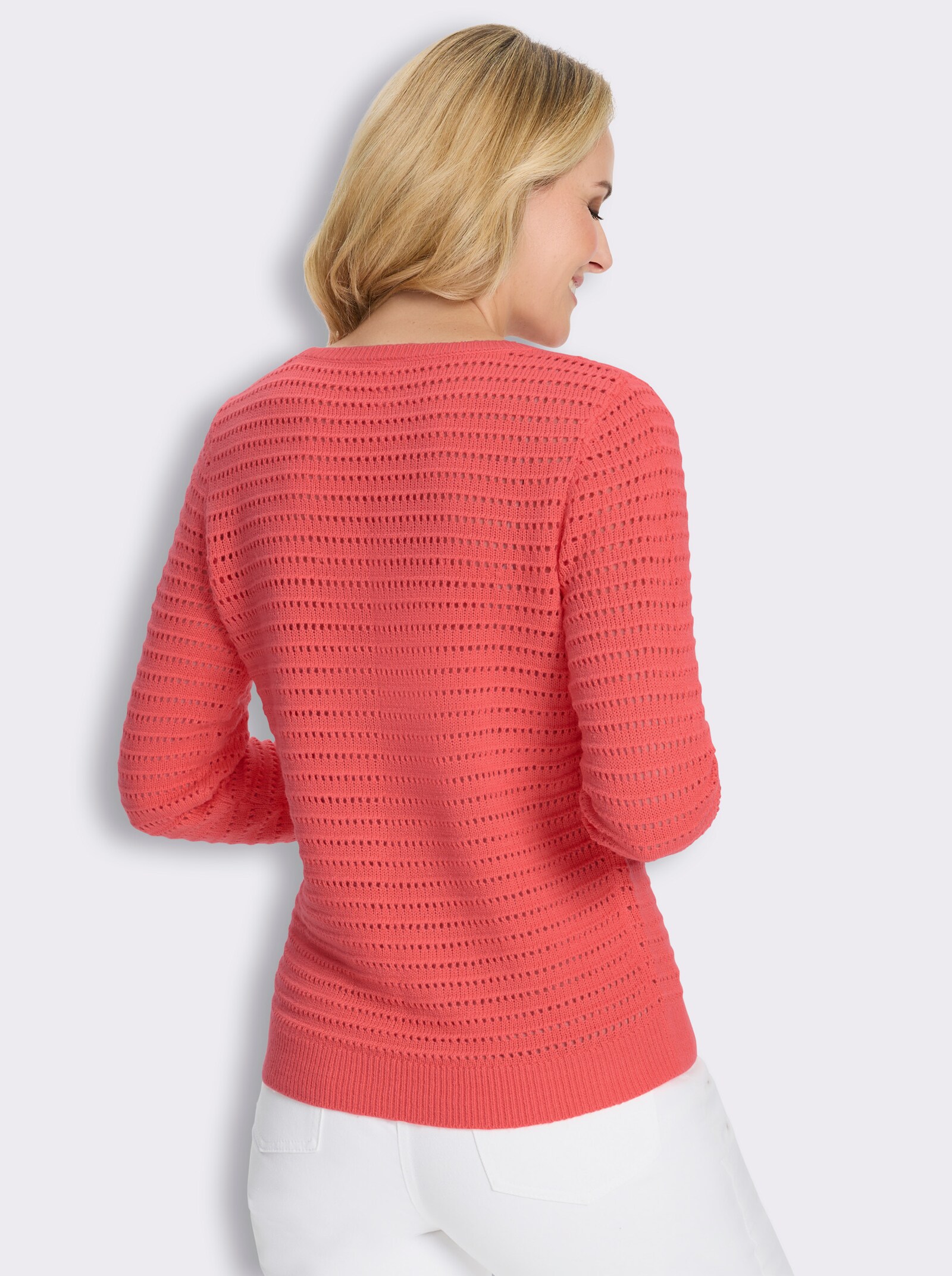 Ajourpullover mit Rippabschlüssen - koralle