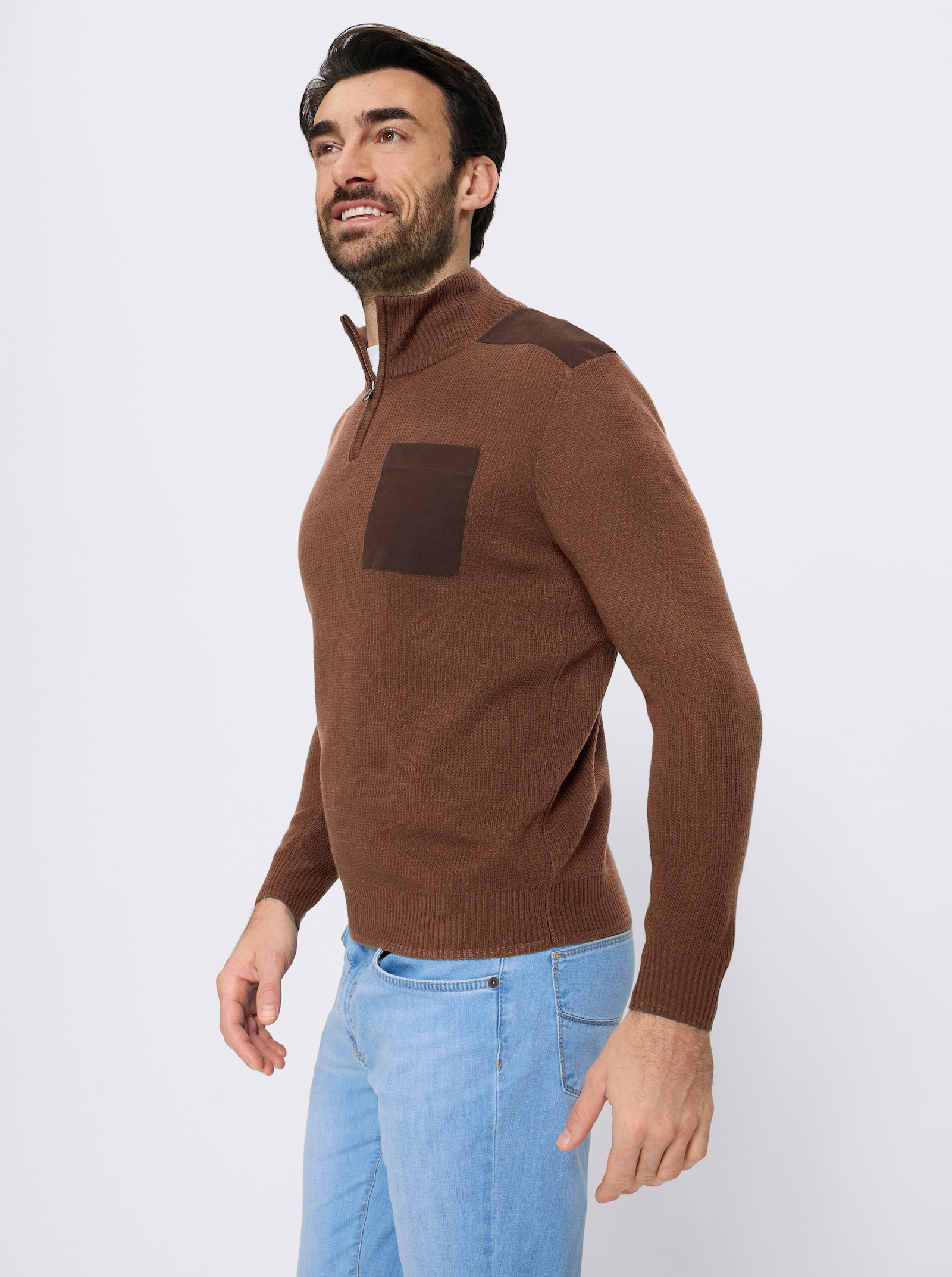 Catamaran Langarm-Pullover mit Kontrast-Details - braun-taupe-meliert
