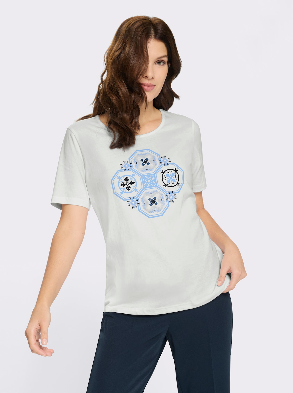 Kurzarmshirt mit platziertem Druckmuster - ecru-jeansblau-bedruckt