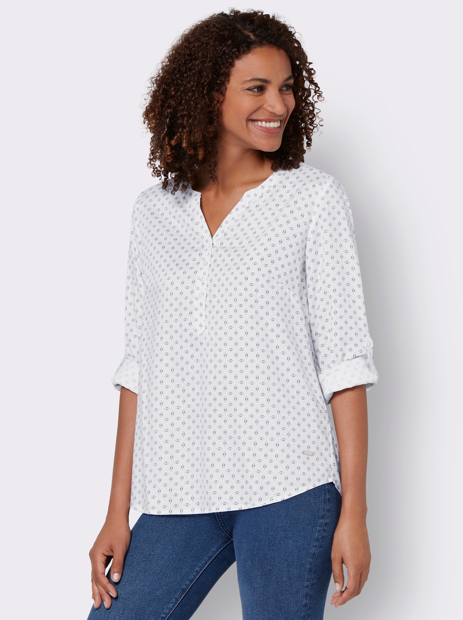 Schlupf-Bluse mit Minimal-Muster - weiß-marine-bedruckt