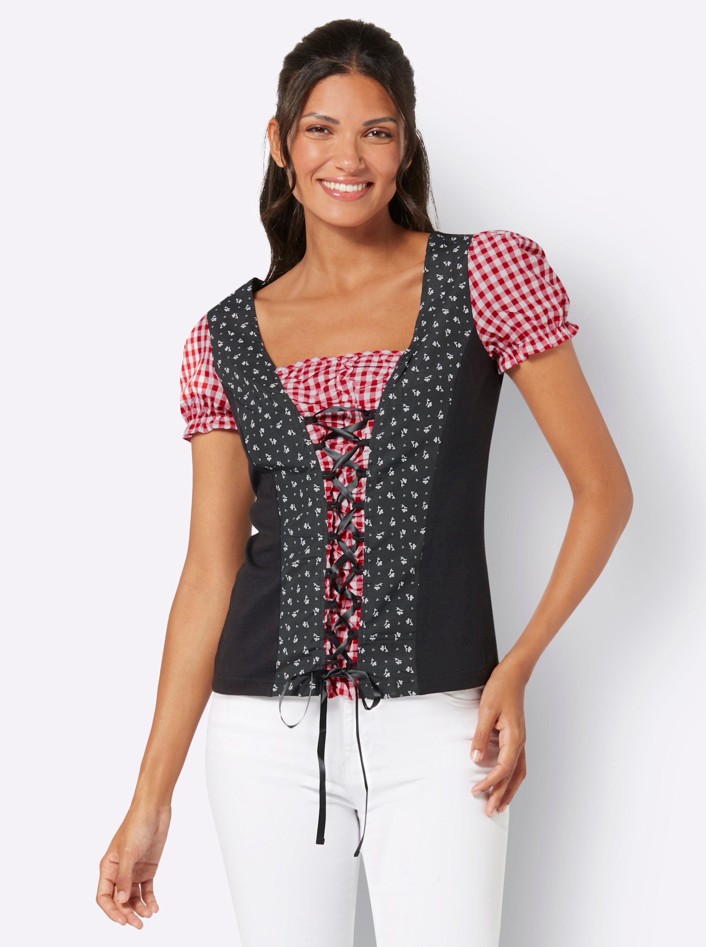 Witt Damen Trachtenshirt, schwarz-rot-bedruckt