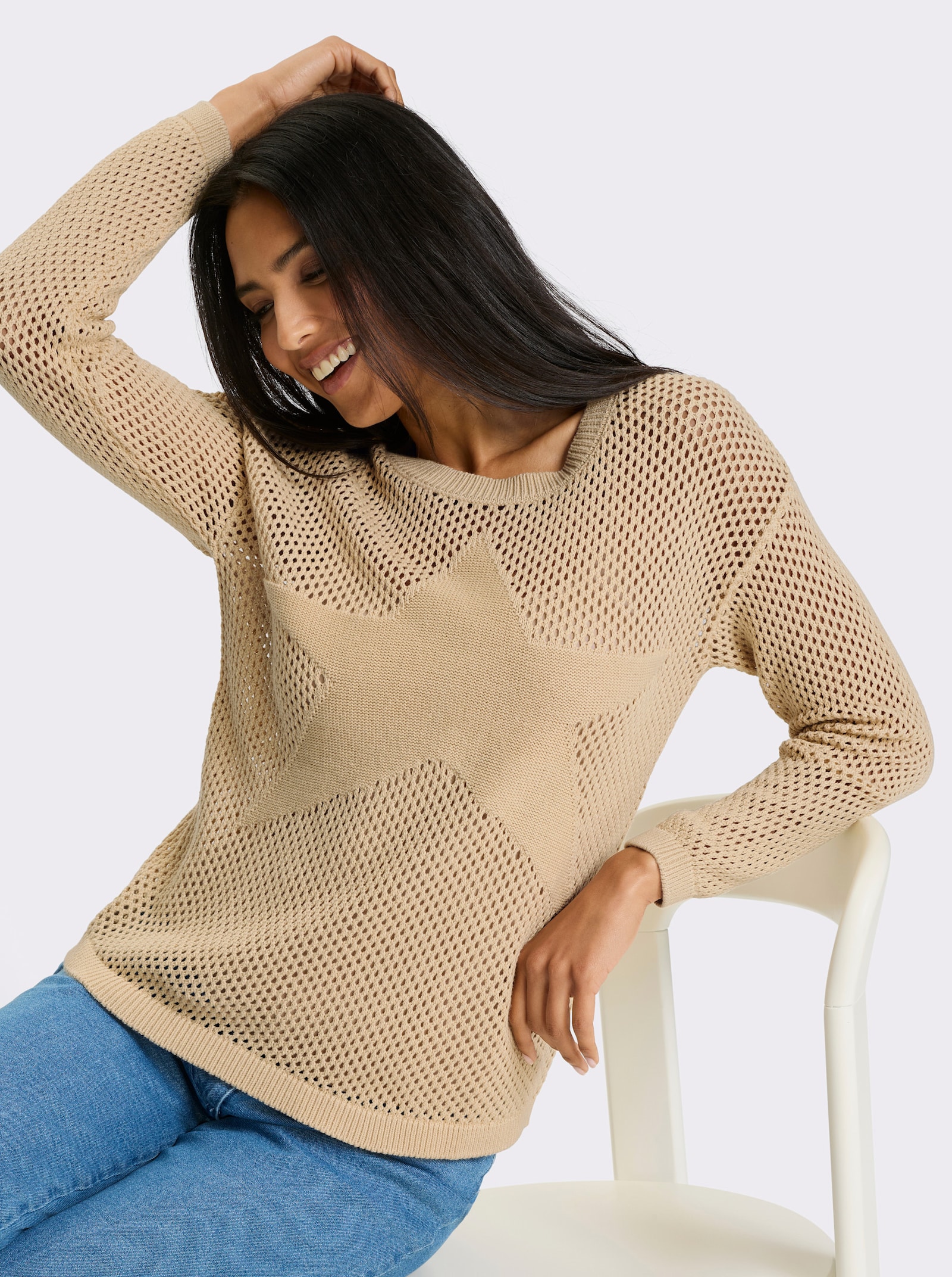 Ajourpullover mit eingestricktem Stern vorne - sand