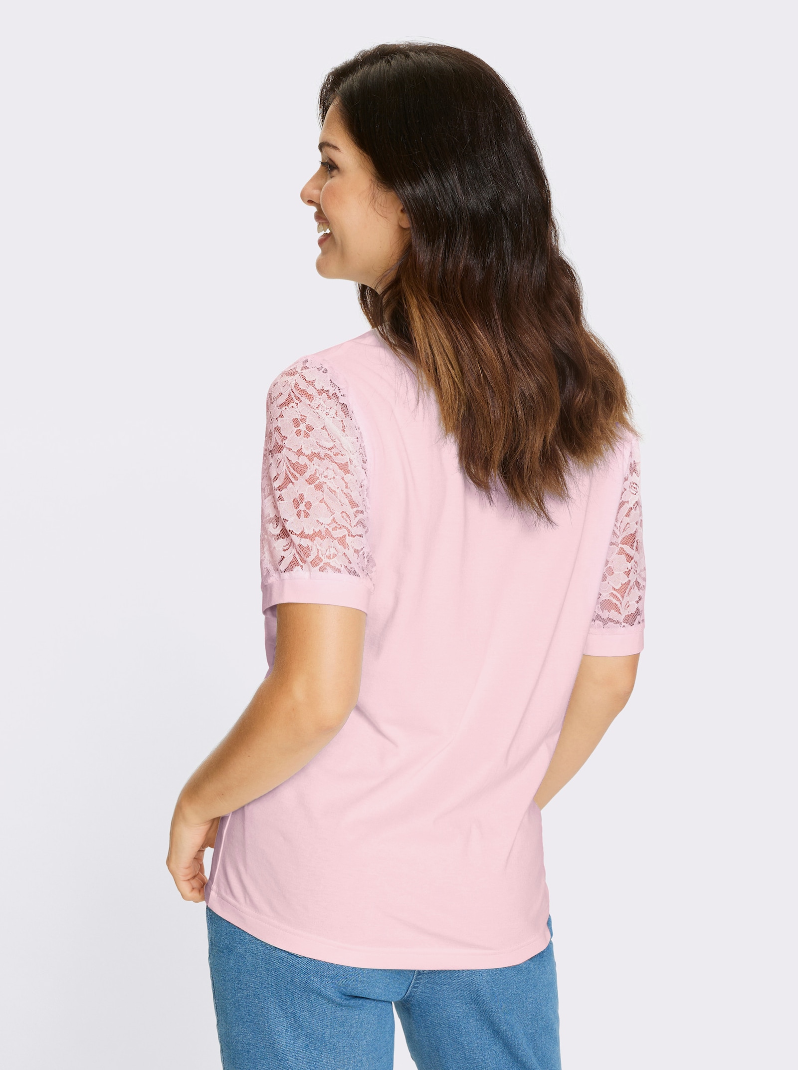 Kanten shirt met pofmouwen - lichtroze