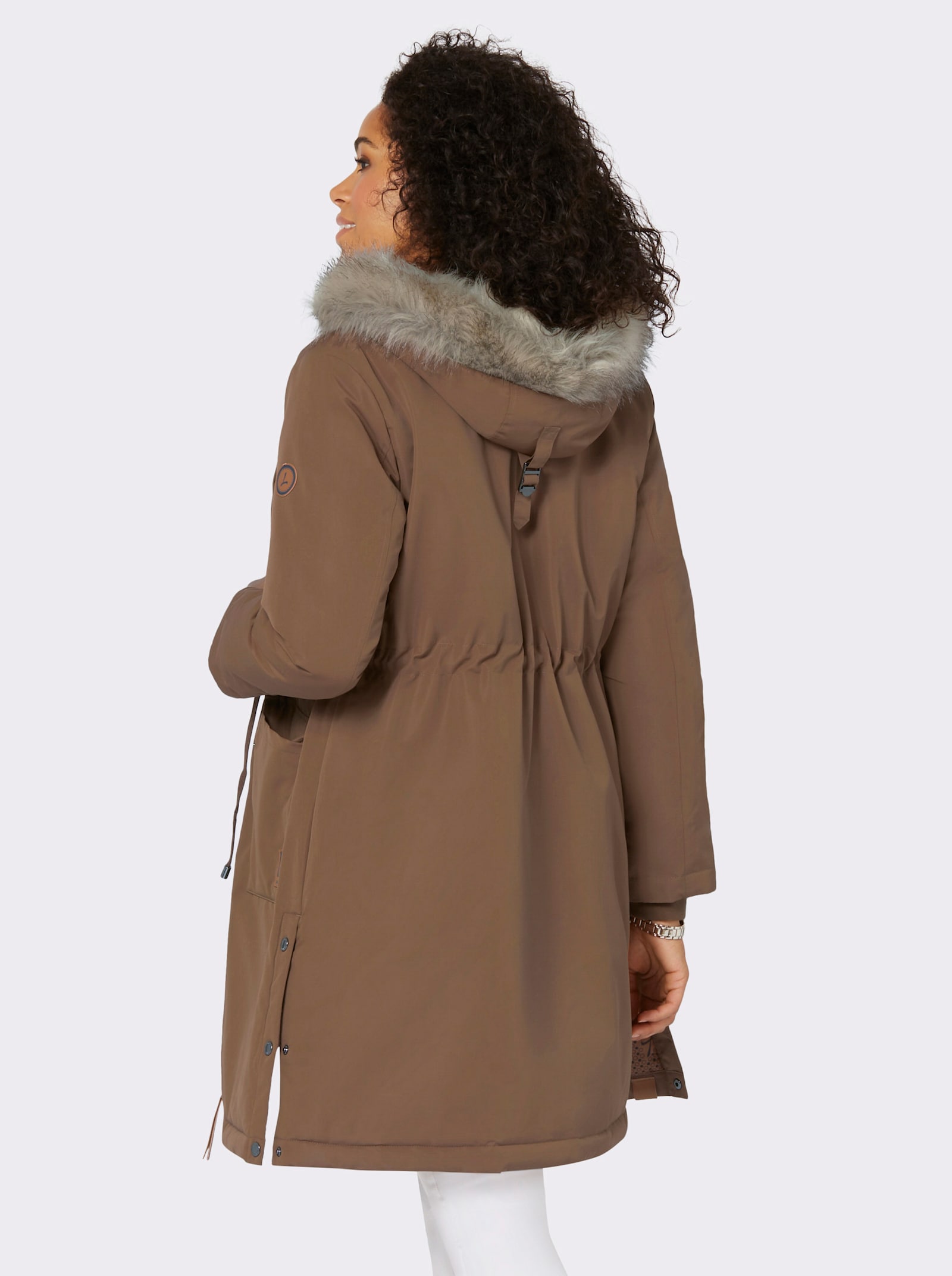 Korte mantel met afknoopbaar imitatiebont - bruin