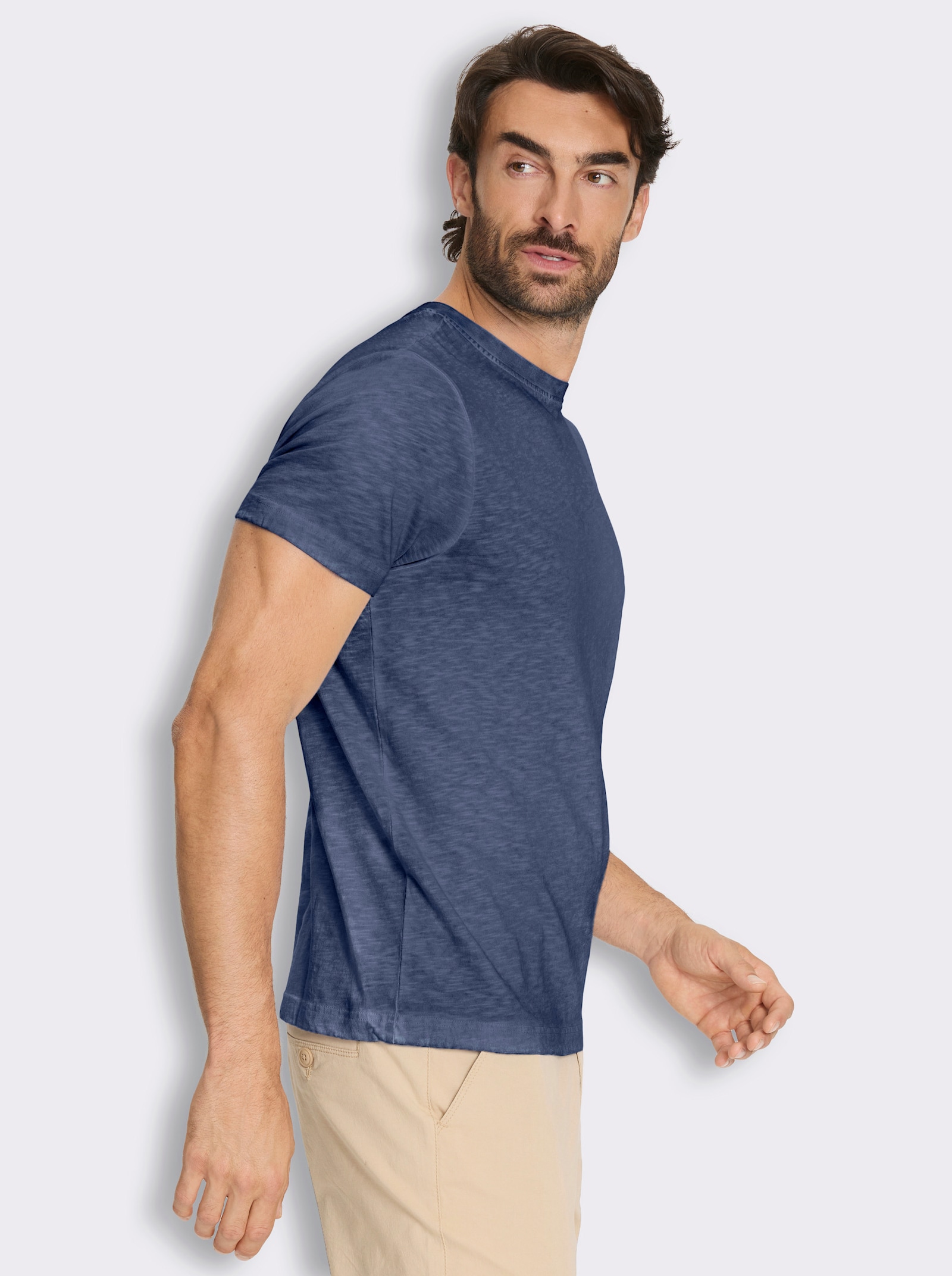 Kurzarmshirt mit Rundhals-Ausschnitt, Baumwolle - marine