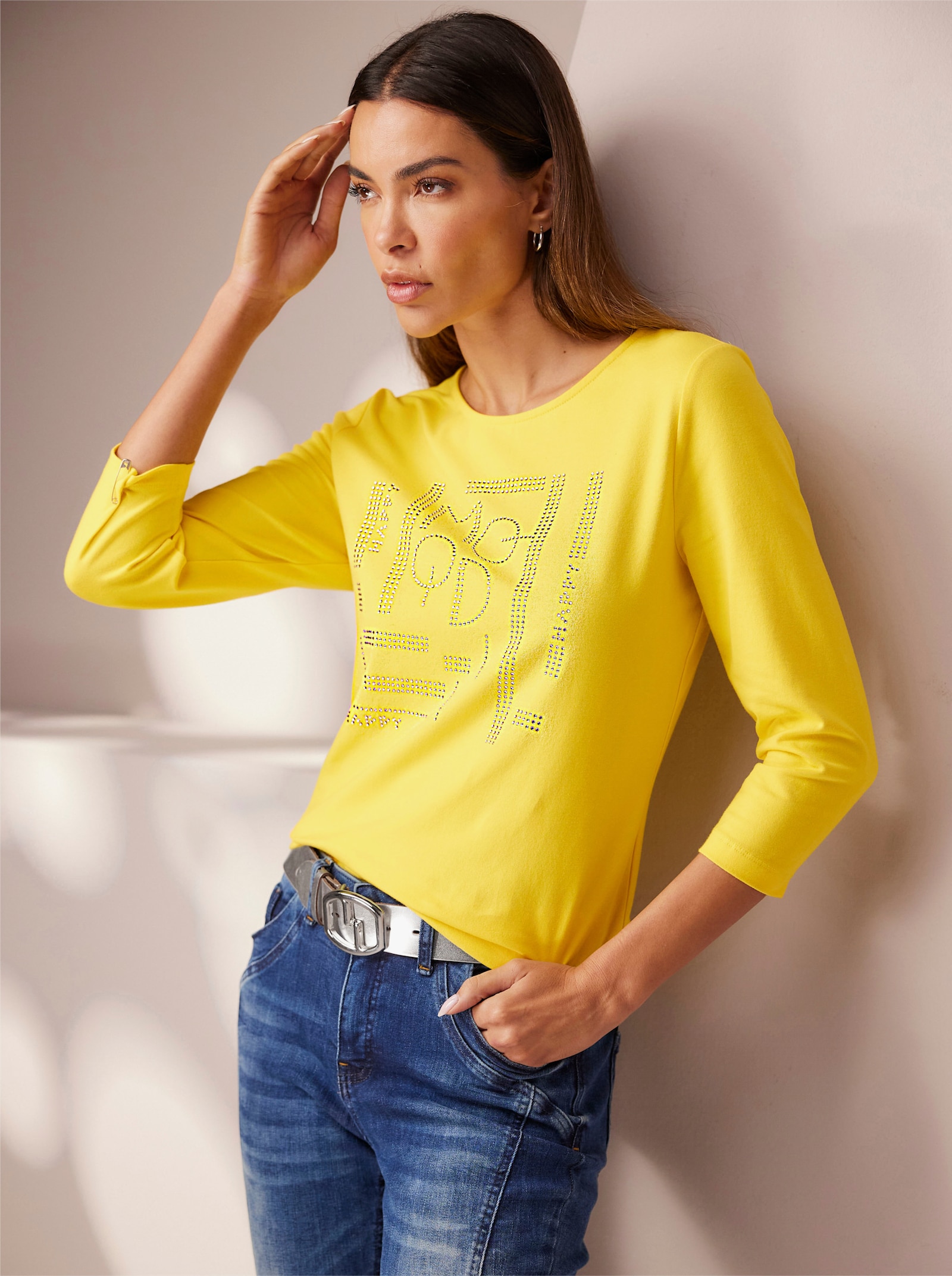 heine 3/4-Arm-Shirt mit Glitzersteinchen - sonnengelb