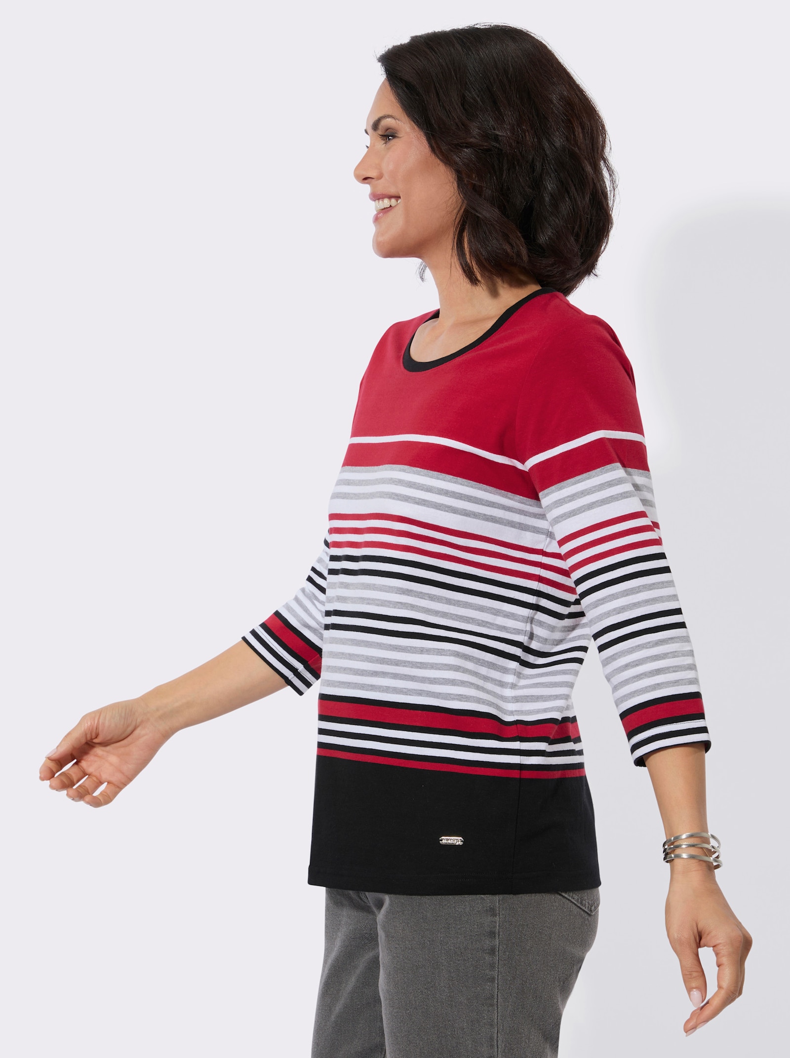 Rundhalsshirt mit 3/4-Ärmeln - rot-weiß-geringelt