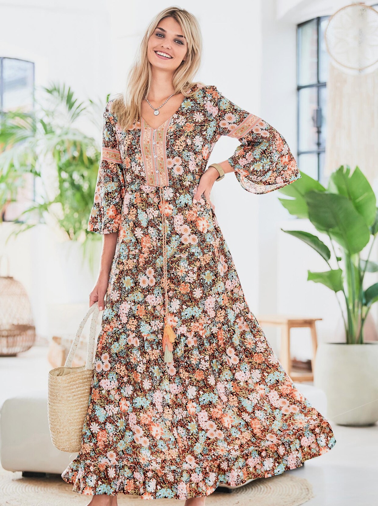 Linea Tesini Jurk met print - zwart/mandarijn bedrukt