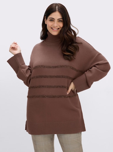 sheego Rollkragenpullover mit Pailletten-Streifen - schoko
