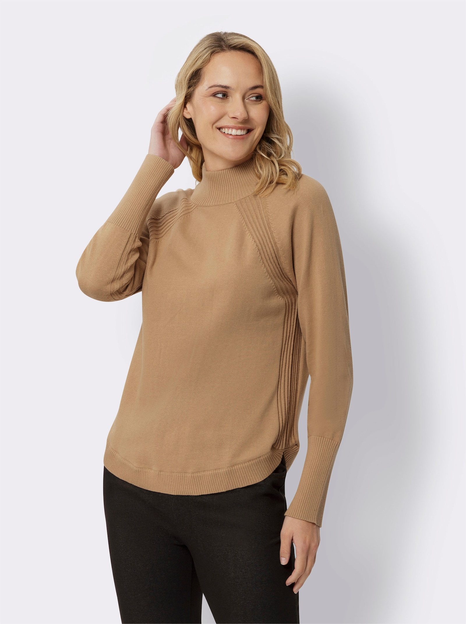 Stehkragenpullover aus reiner Baumwolle - camel