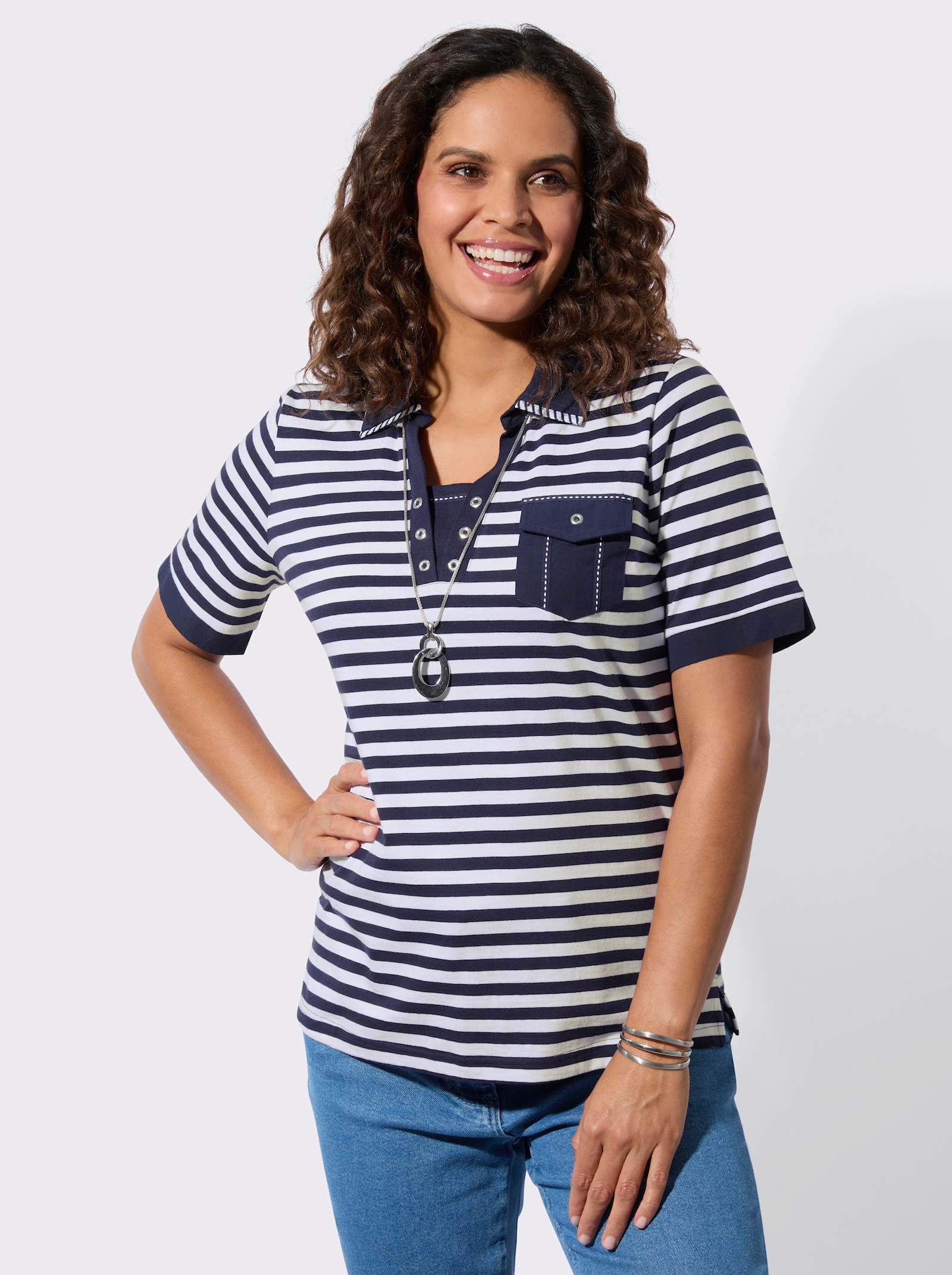 Poloshirt mit Ösen-Verzierung - marine-weiß-geringelt