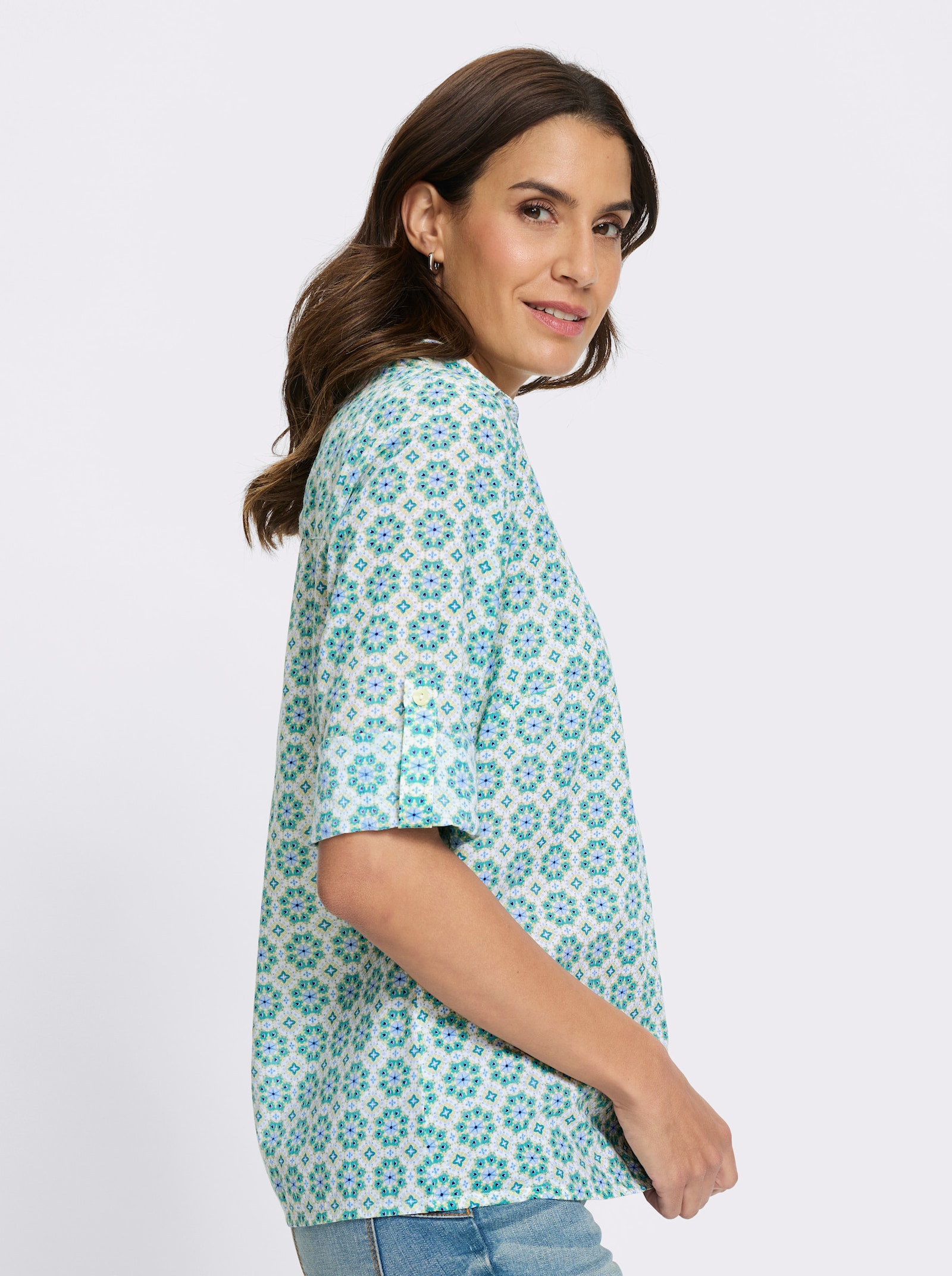 Druckbluse Falte hinten - weiss-pistazie-bedruckt