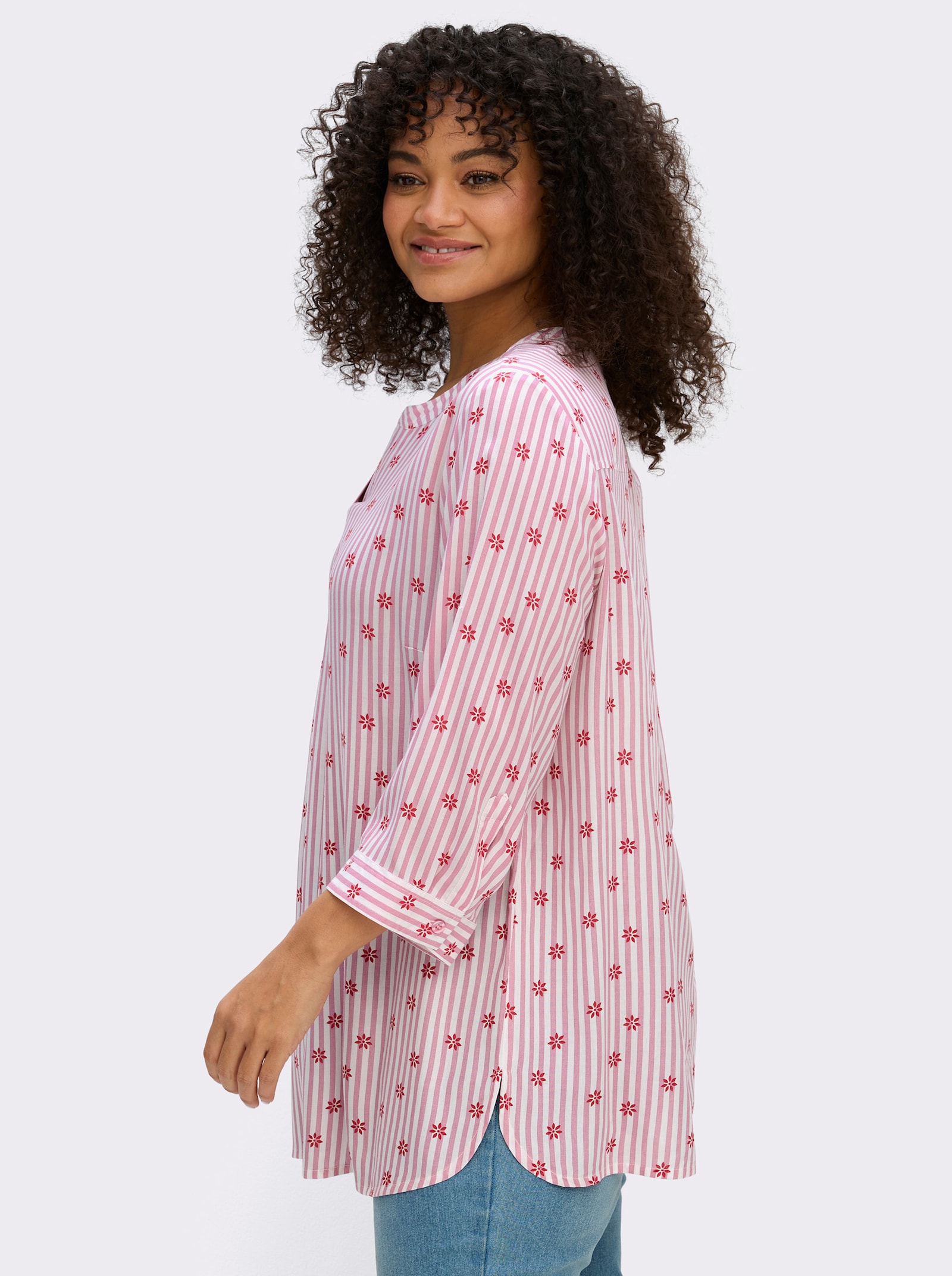 sheego Tunika im Mustermix aus Streifen und Blüten - altrosa-ecru-gestreift