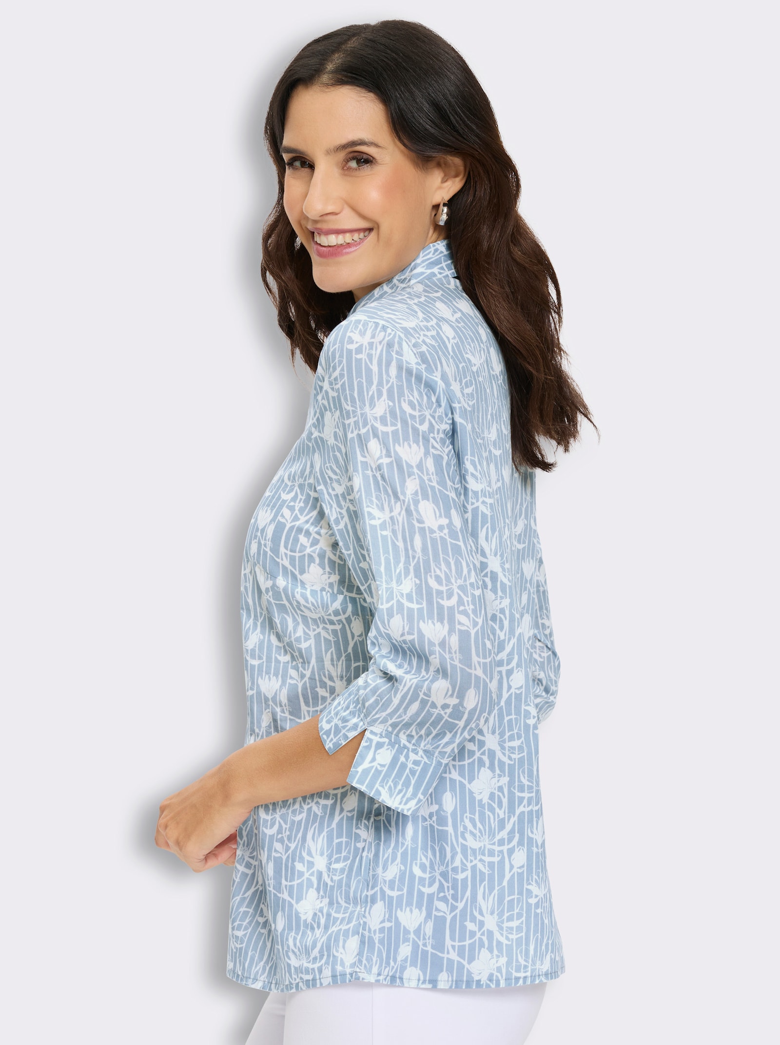 Druckbluse in Schlupfform - bleu-ecru-gemustert