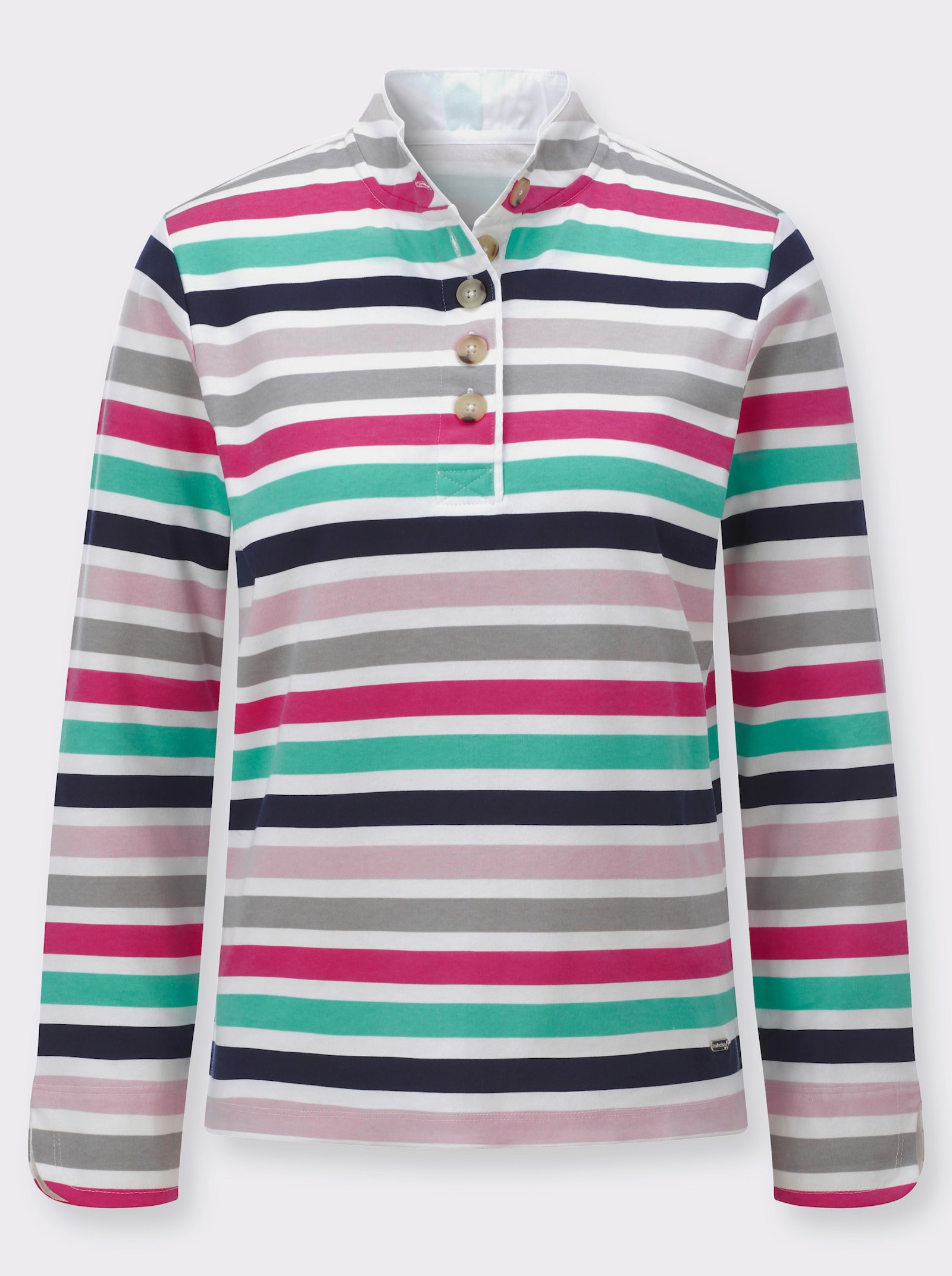 Sweatshirt mit Stehkragen, gestreift - ecru-fuchsia-geringelt