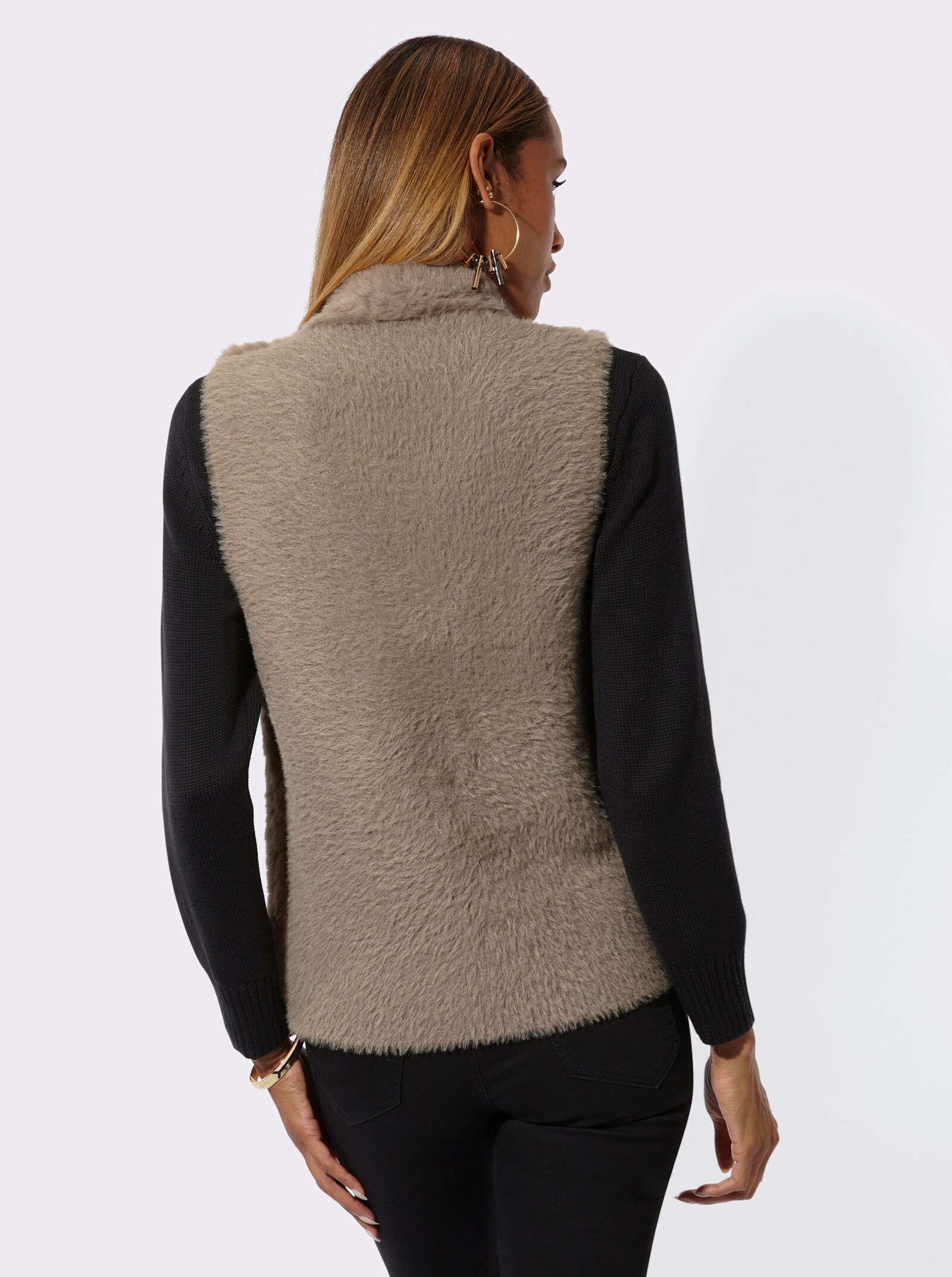Strickweste mit Fellimitat vorne - dunkeltaupe