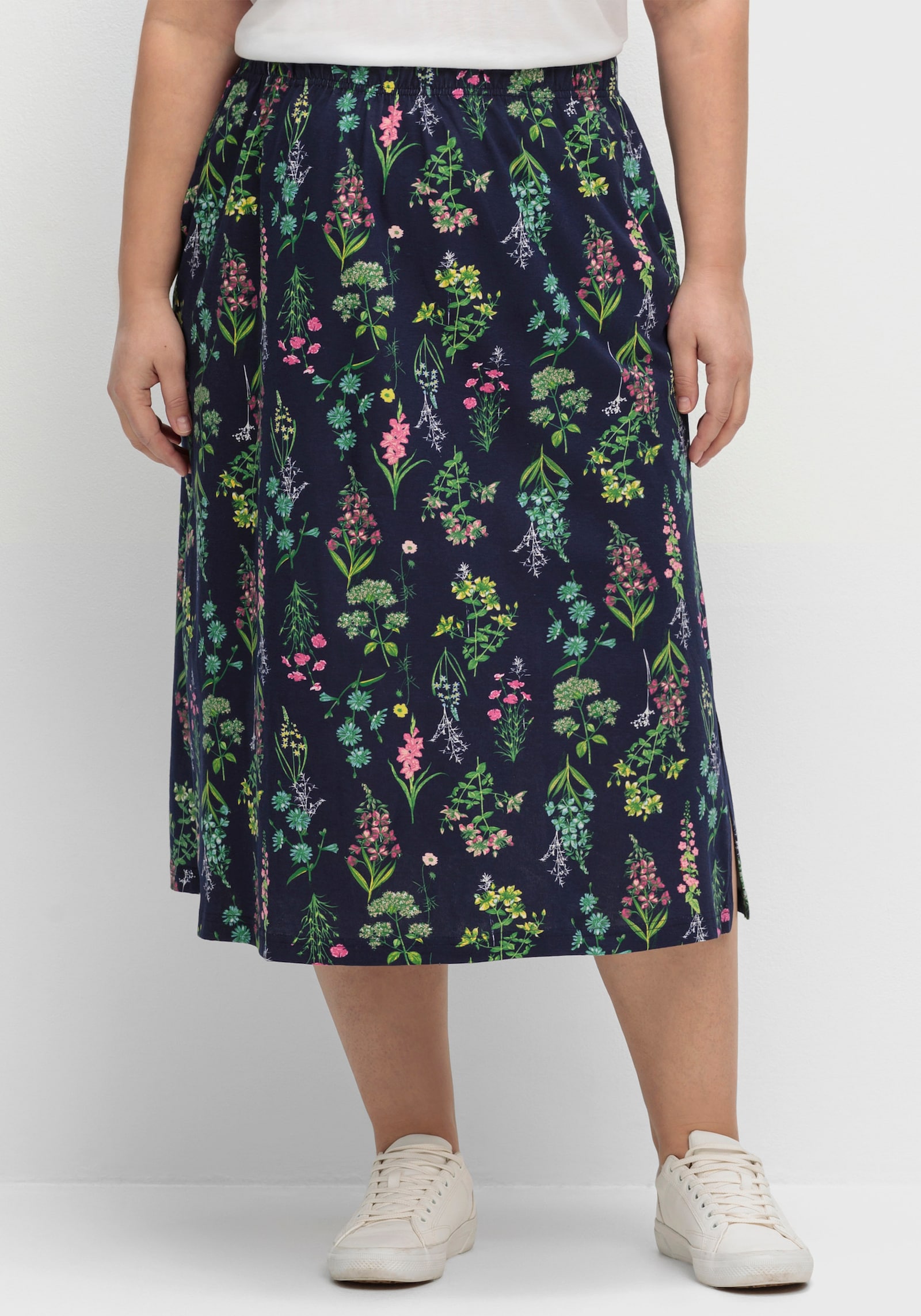 Jerseyrock mit Rundum-Dehnbund - marine-altrosa-bedruckt